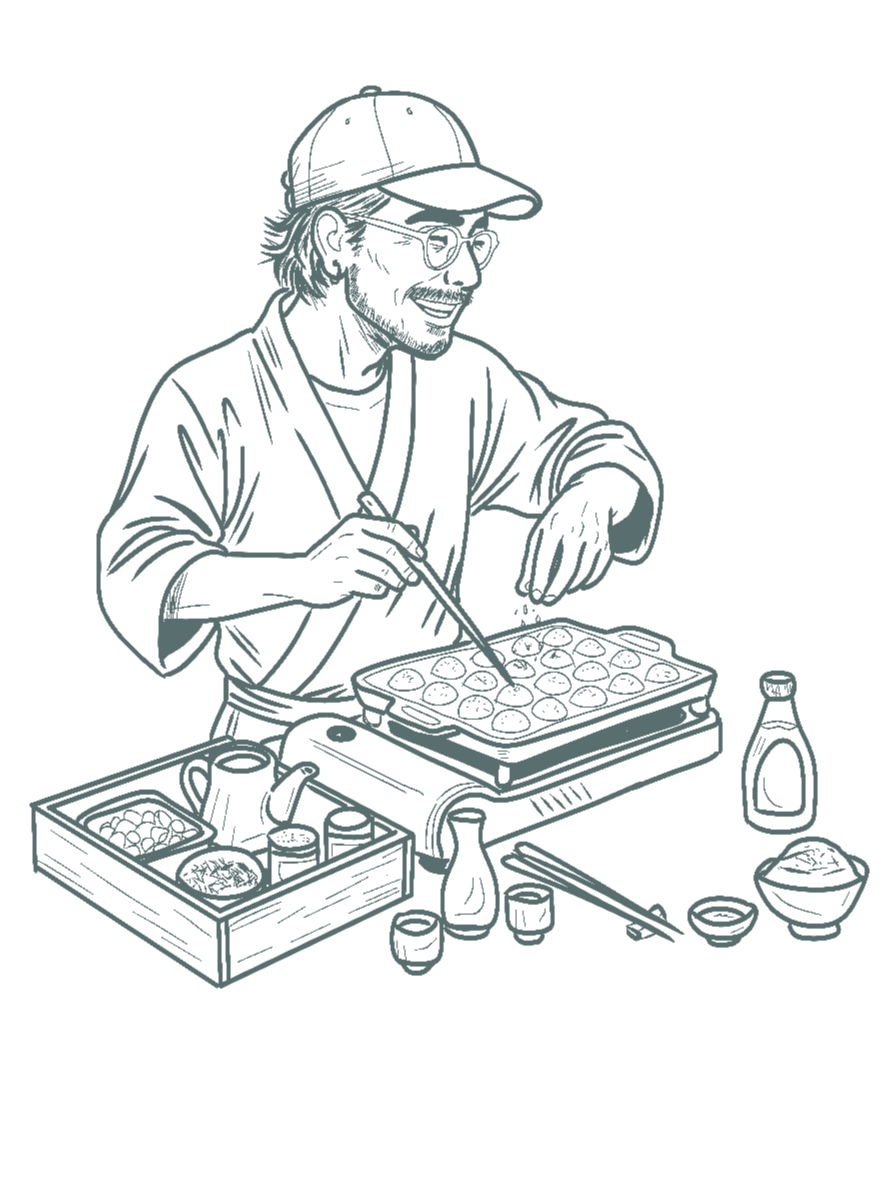 Line drawing of a man with glasses, a cap, and a beard, making takoyaki on a stovetop with various condiments and utensils around him.