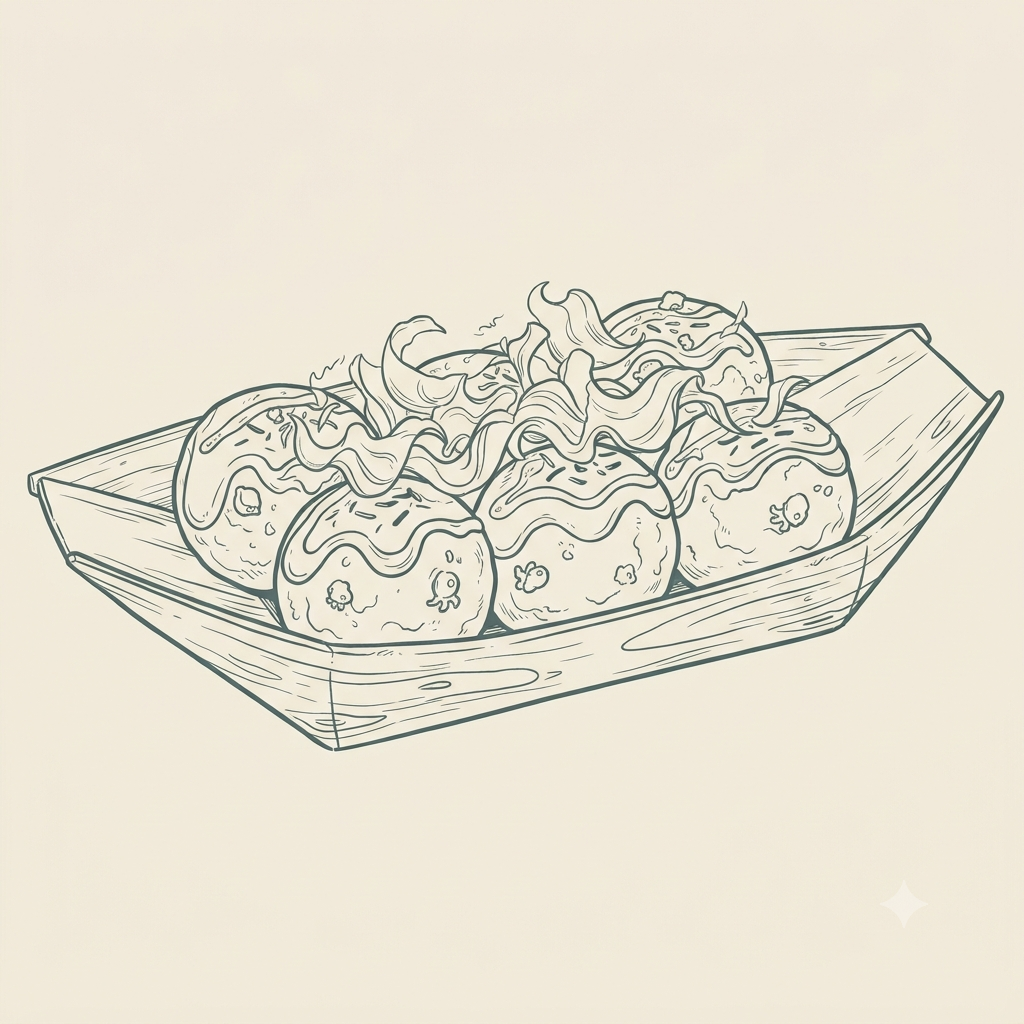 Line drawing of a rectangular wooden tray with five round stuffed potato skins topped with shredded cheese and sour cream.