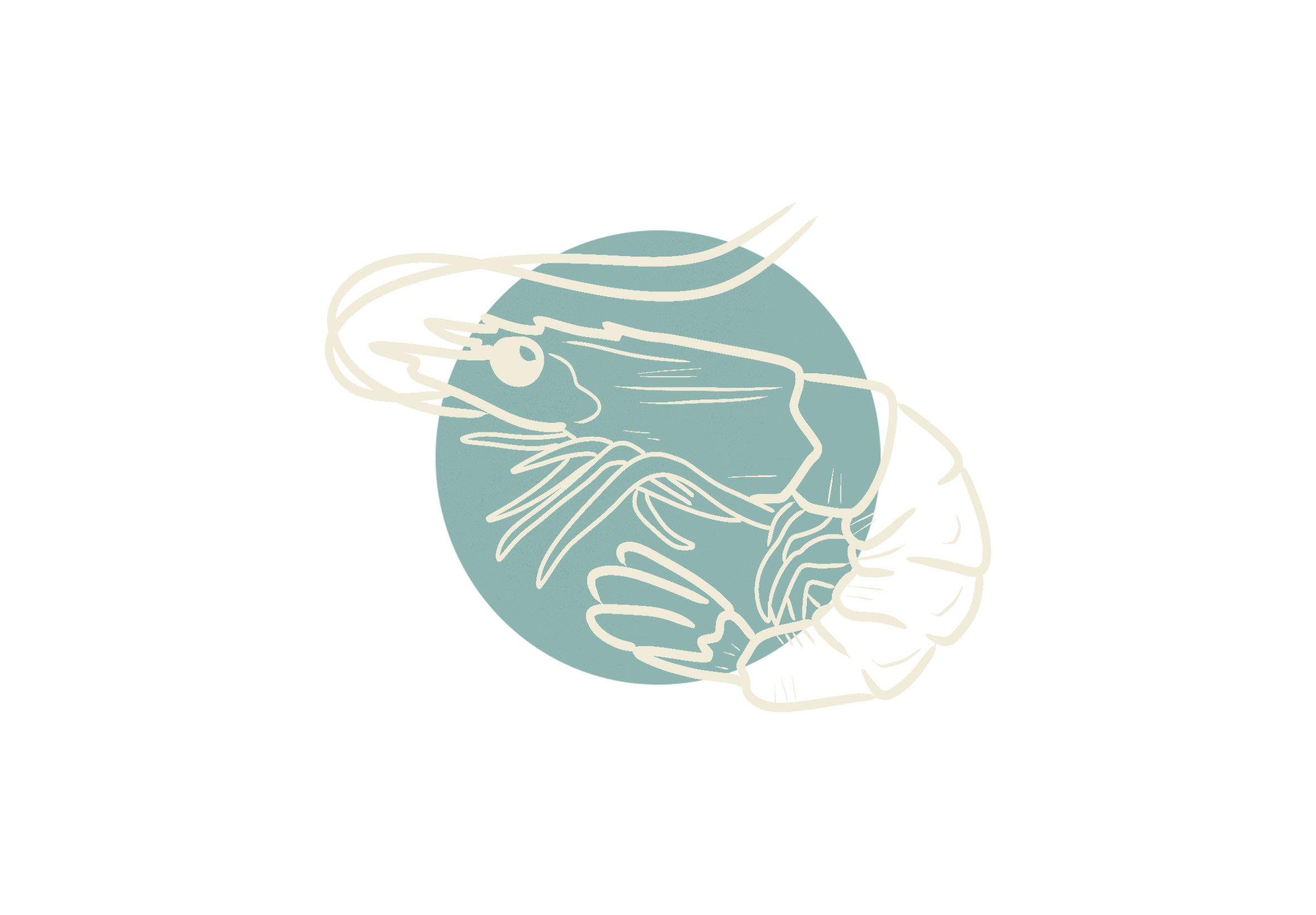 Line art illustration of a lobster with long antennae and detailed claws, set against a circular blue background.