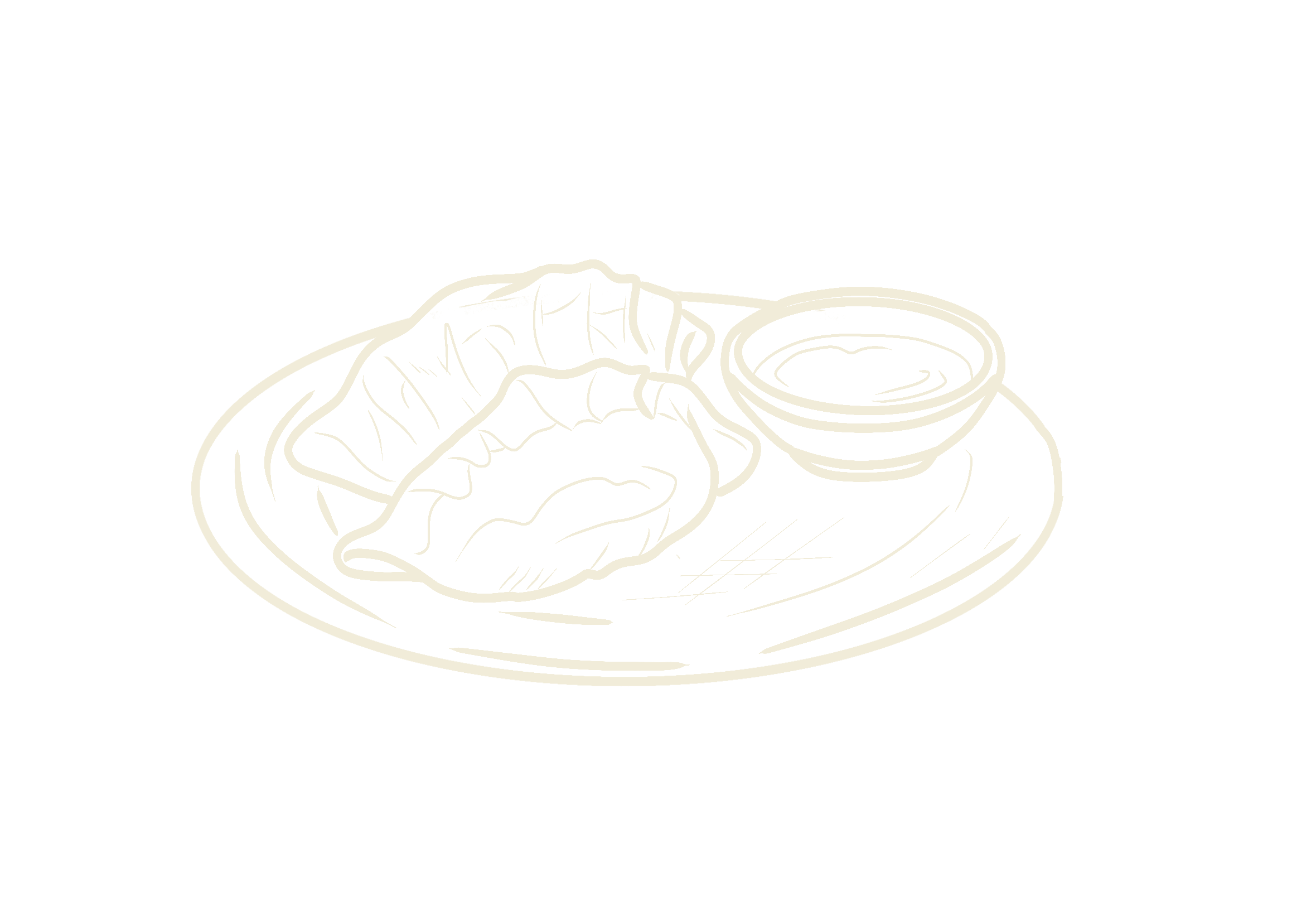 Line drawing of a taco with an open shell, lettuce and other fillings, next to a small bowl of salsa or sauce, on a round plate.