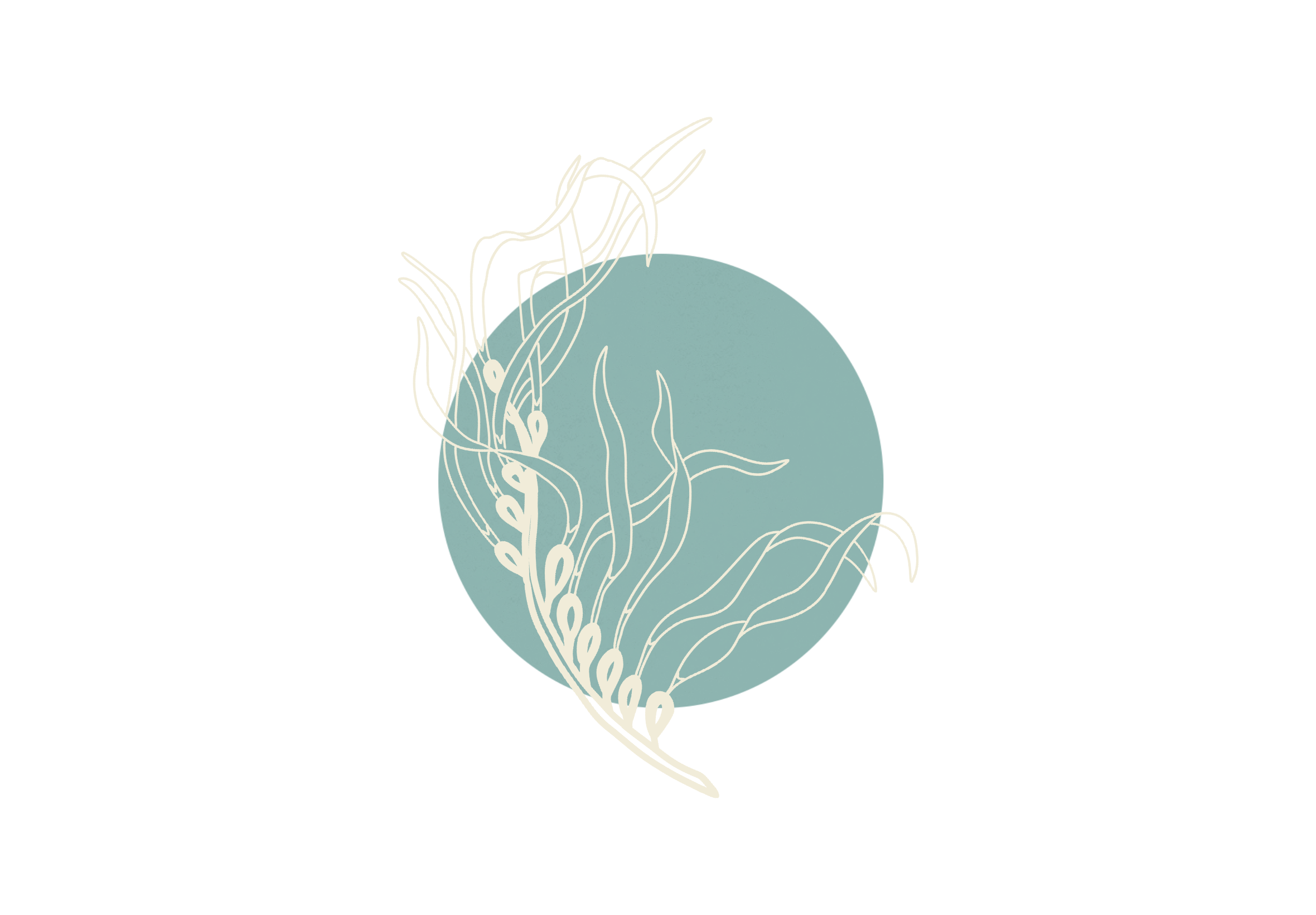 Minimalist digital illustration of a plant with roots, set against a circular background.
