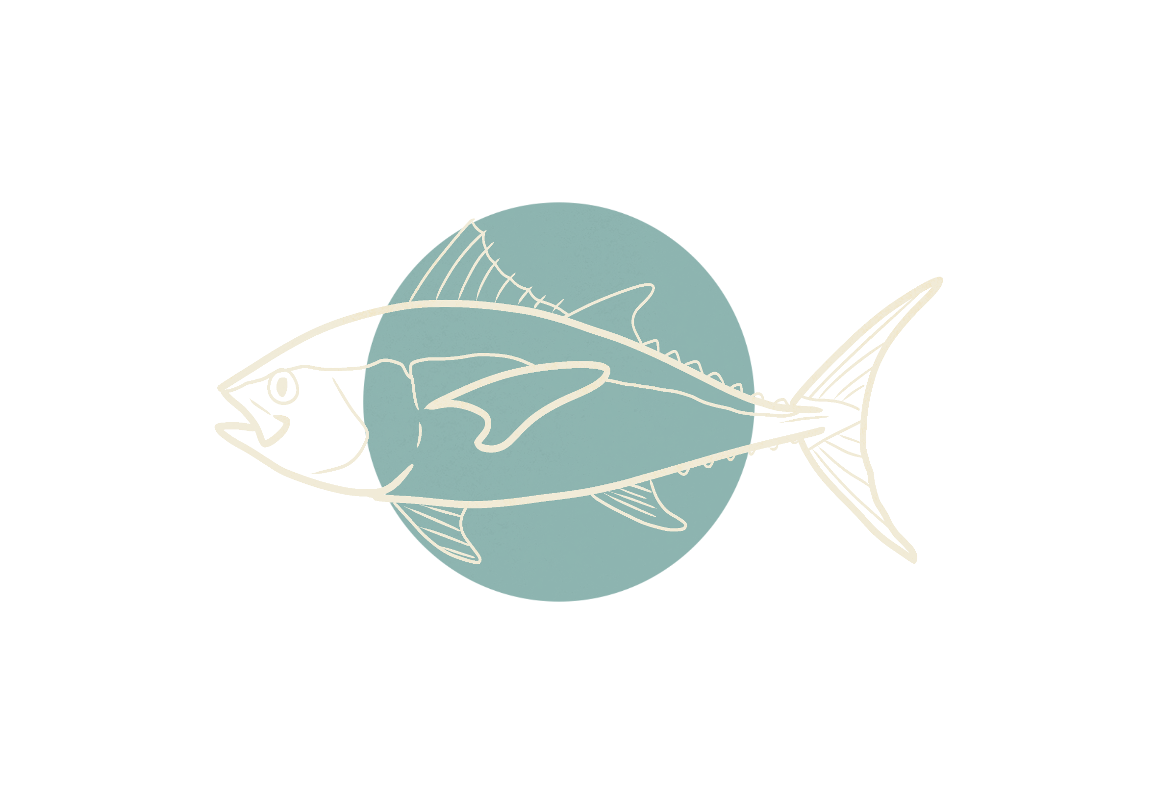 Illustration of a fish in front of a blue circle, with a light-colored outline and simple details.