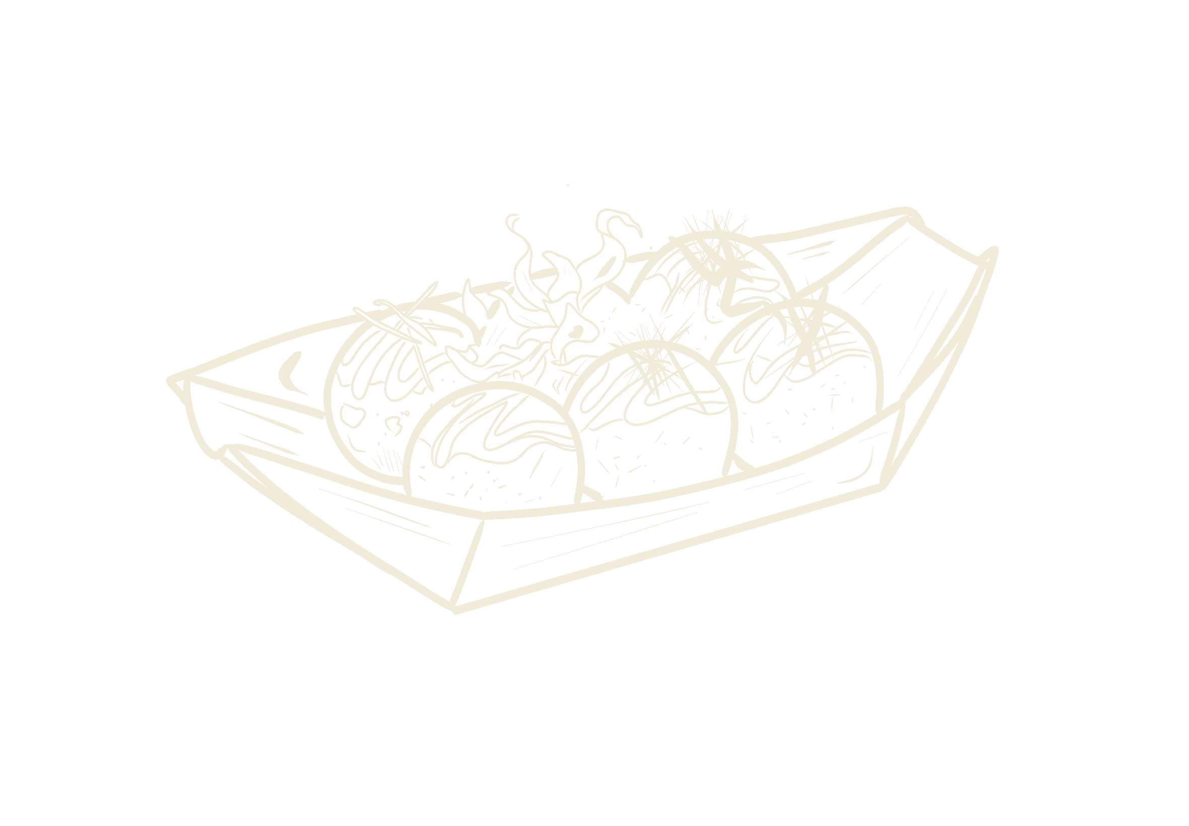 A black-and-white line drawing of a takeout food container holding three tacos filled with various ingredients, including lettuce and meat.