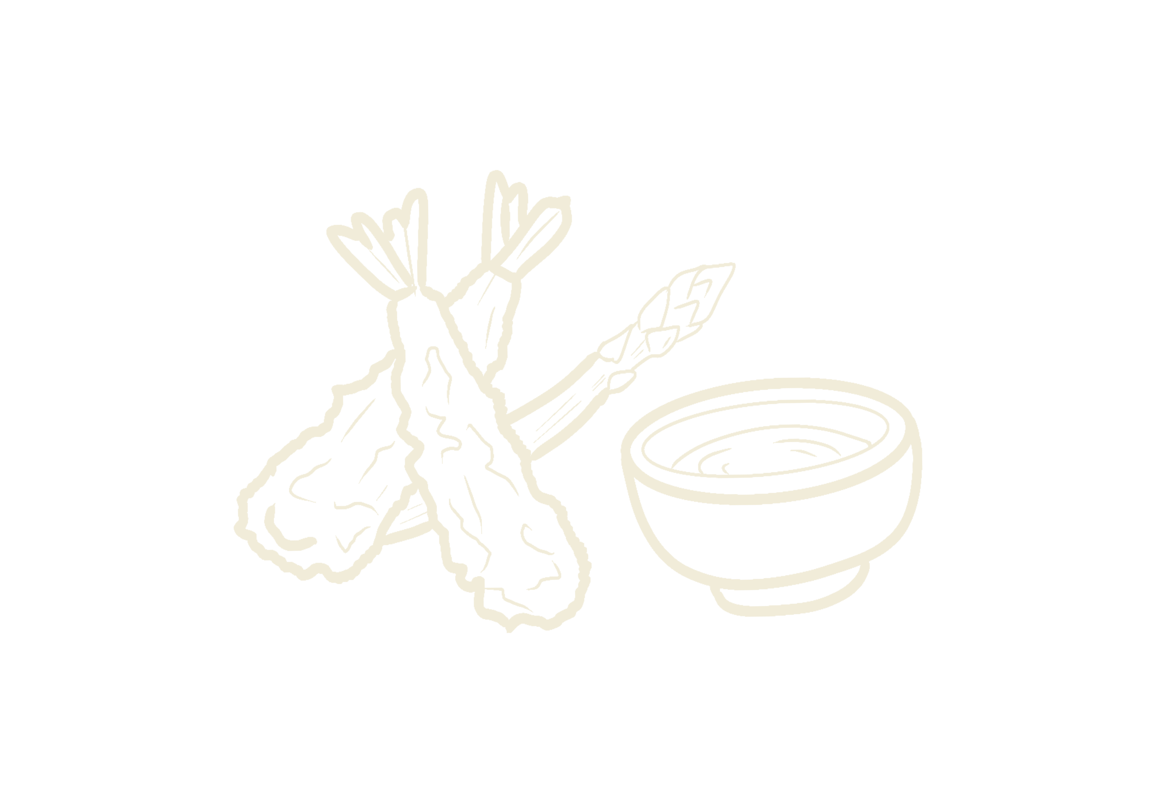 Line drawing of a bundle of roots, a feather, and a clay pot containing a liquid.
