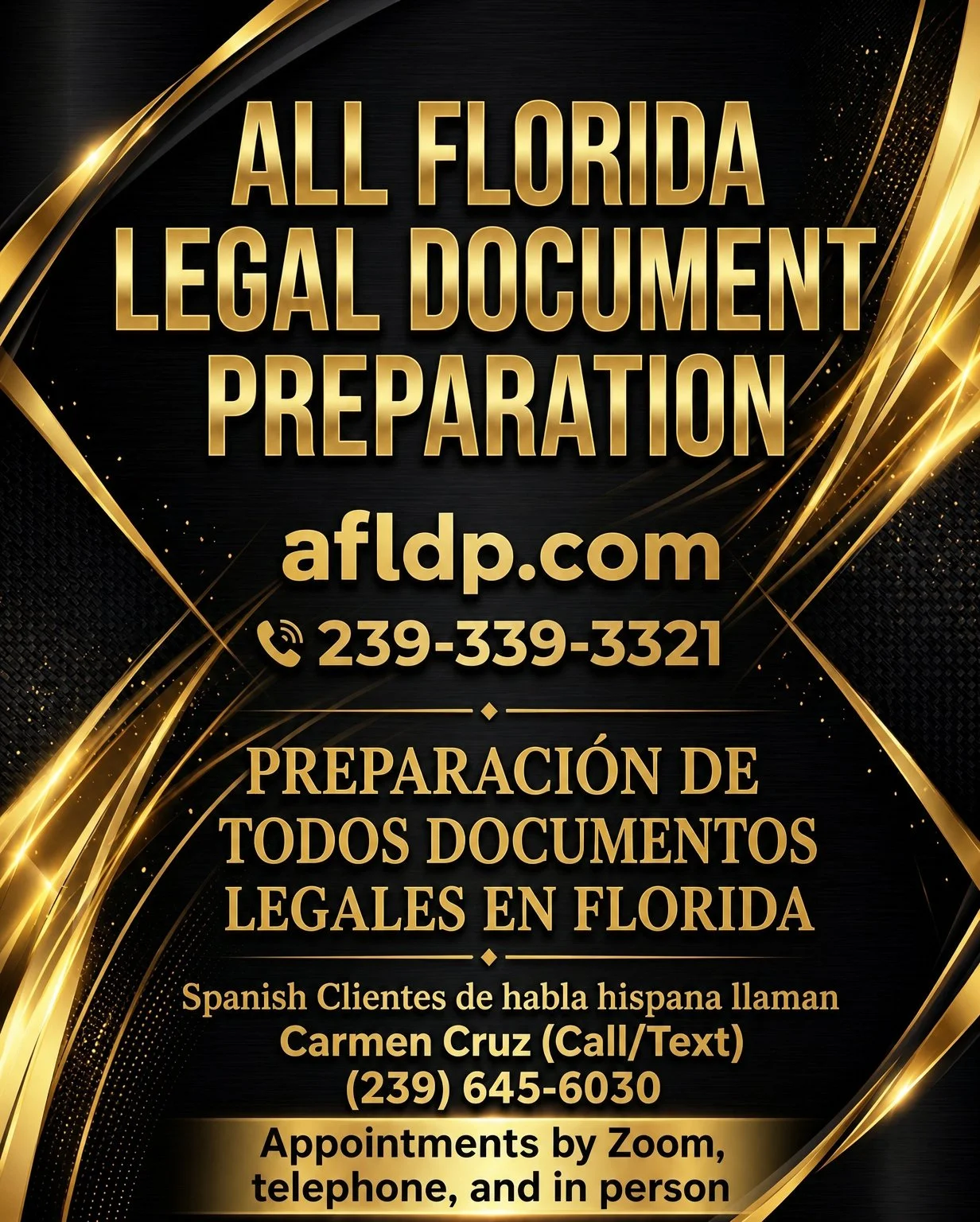 Introduction to All Florida Legal Document Preparation Company in English and Spanish with contact information in both languages.