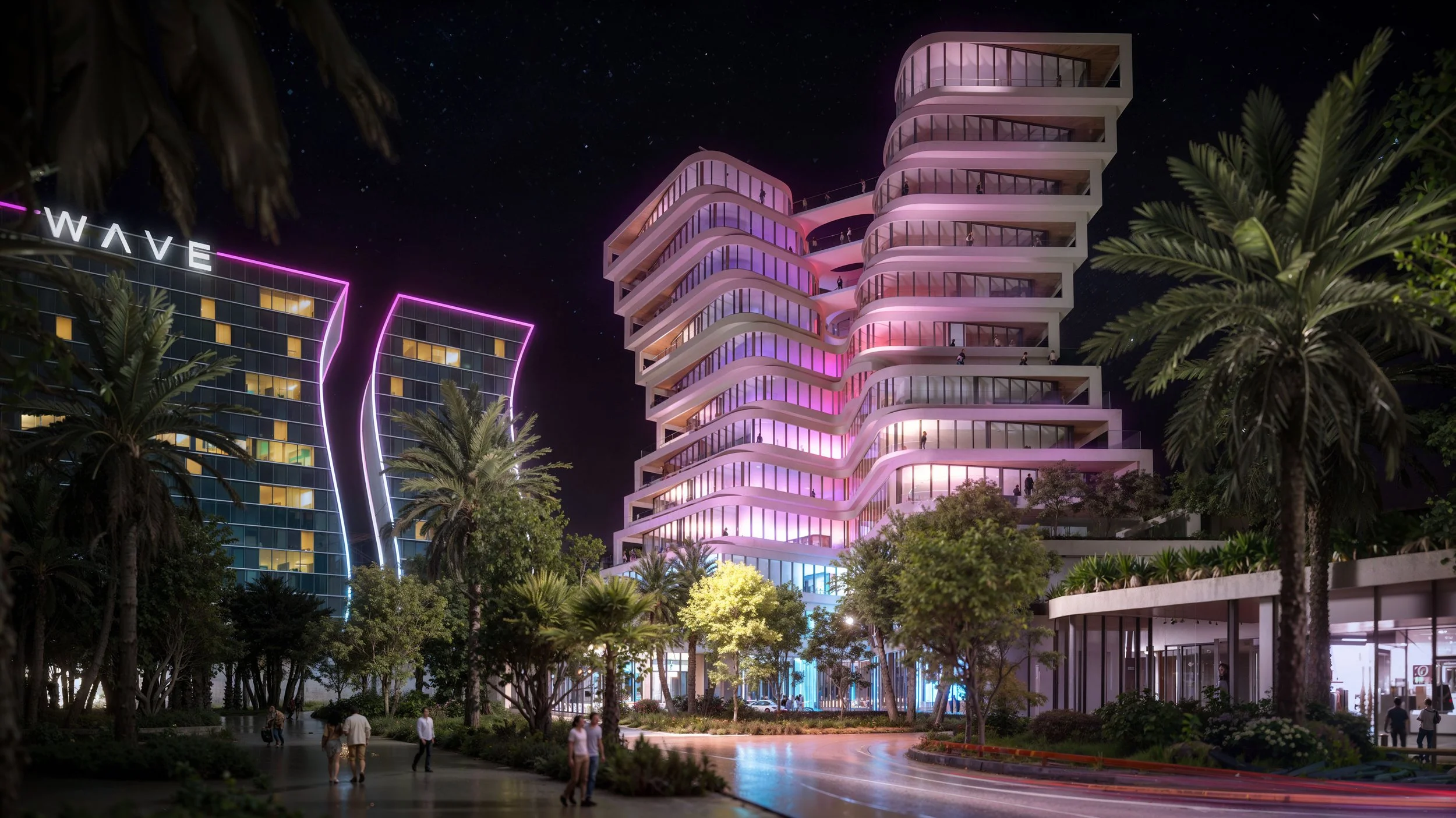 Night view of a modern building with wavy balconies lit with pink and purple lights, surrounded by palm trees and a busy street with people walking.