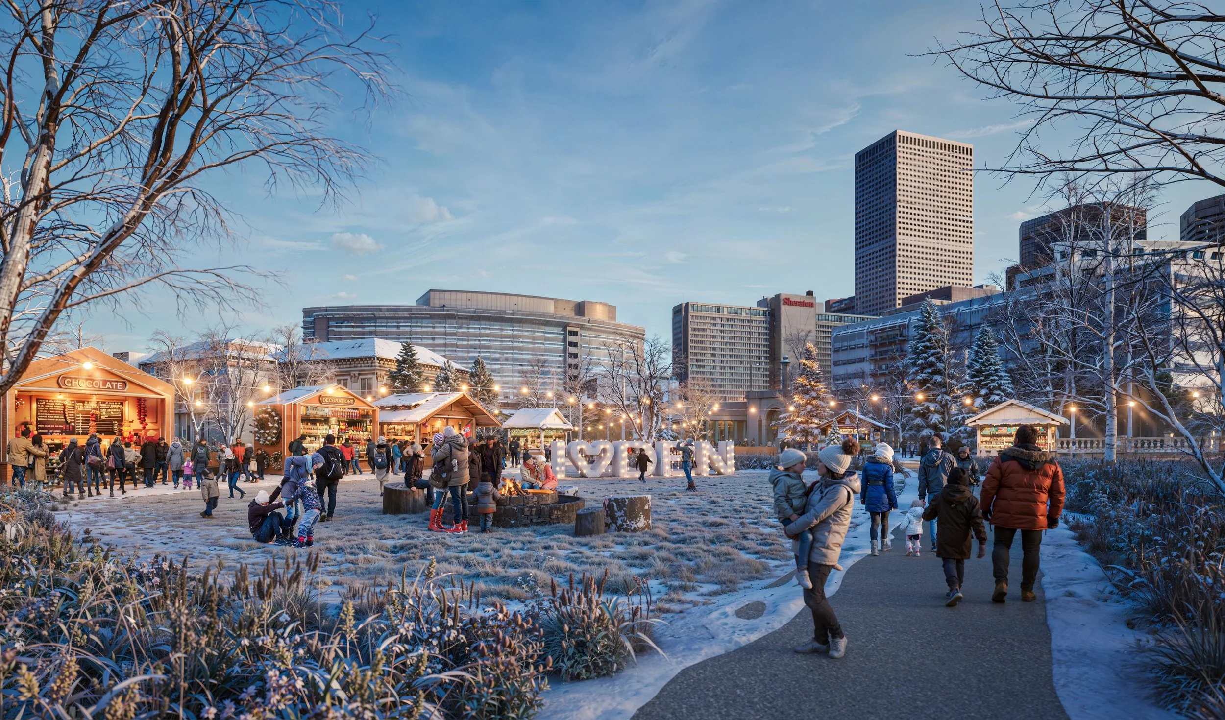 People enjoying a winter outdoor market with snow-covered trees, festive lights, and market stalls, with a city skyline in the background.