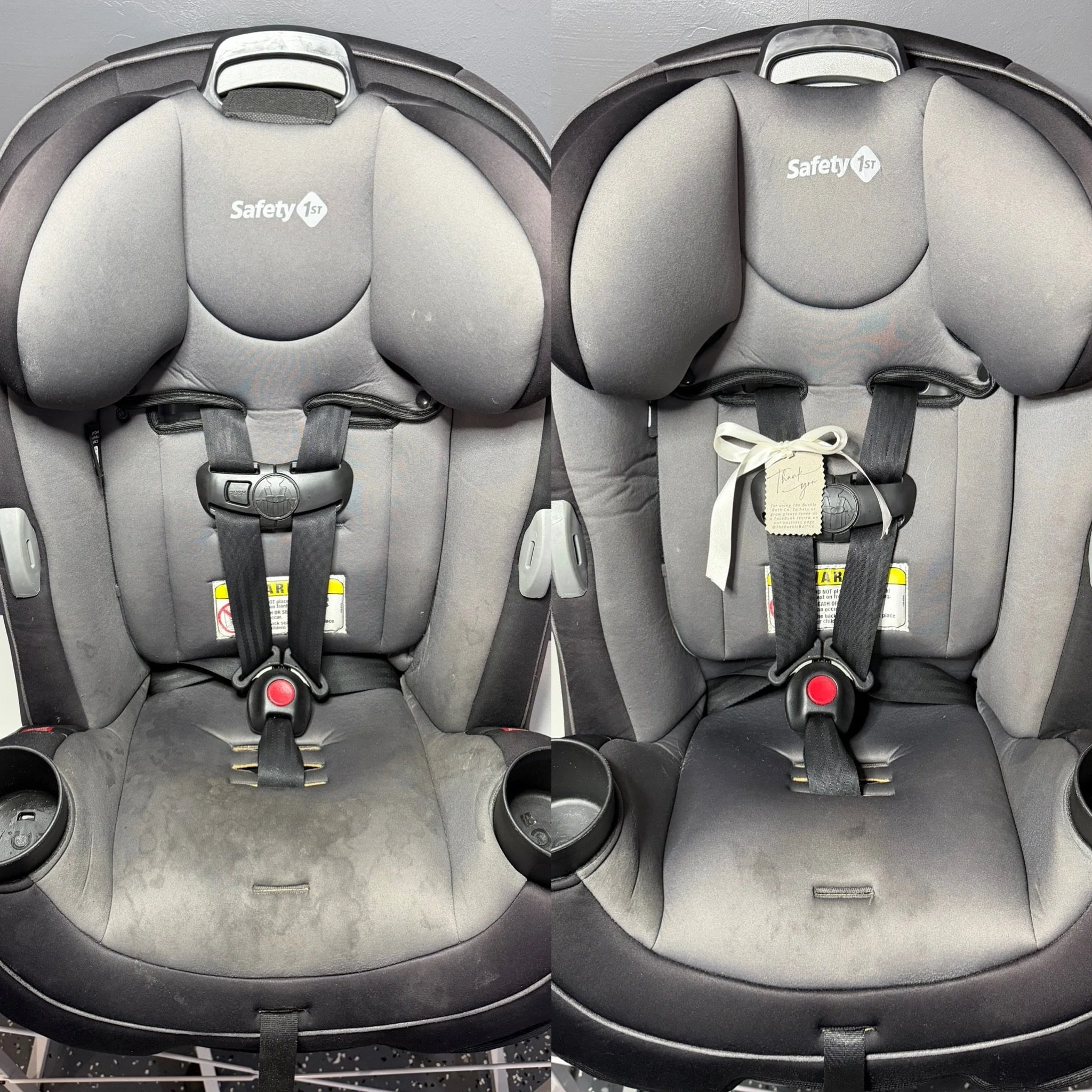 Comparison of the front view of a car seat, with the left side showing the seat with the cover on and the right side showing the seat with the cover removed, exposing the padded interior and safety labels.