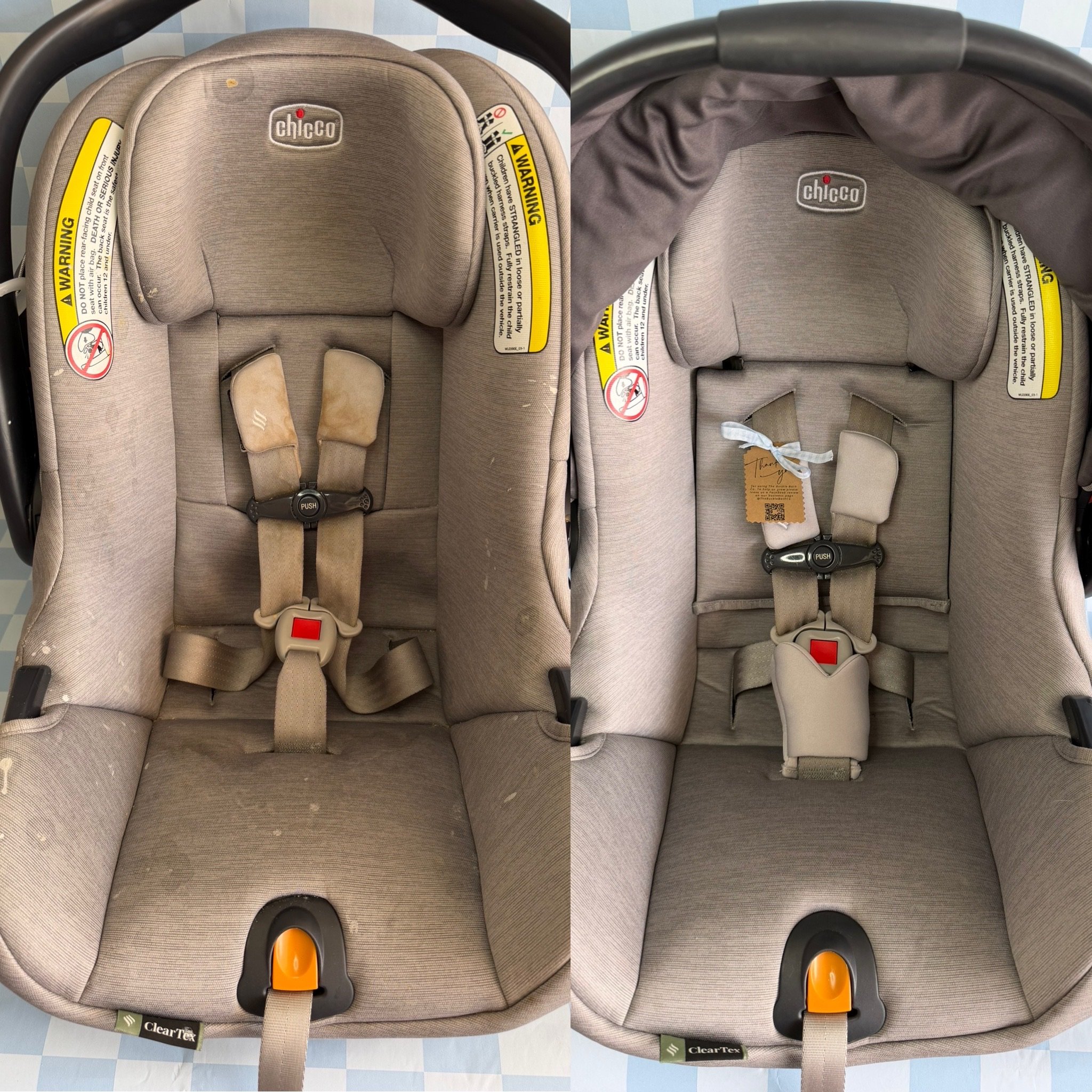 Side-by-side images of beige Chicco car seats, showing the front view. The left seat has some stains and a peeling label, while the right seat appears cleaner and newer. Both seats have headrests, seat belts, warning labels, and a canopy attachment.