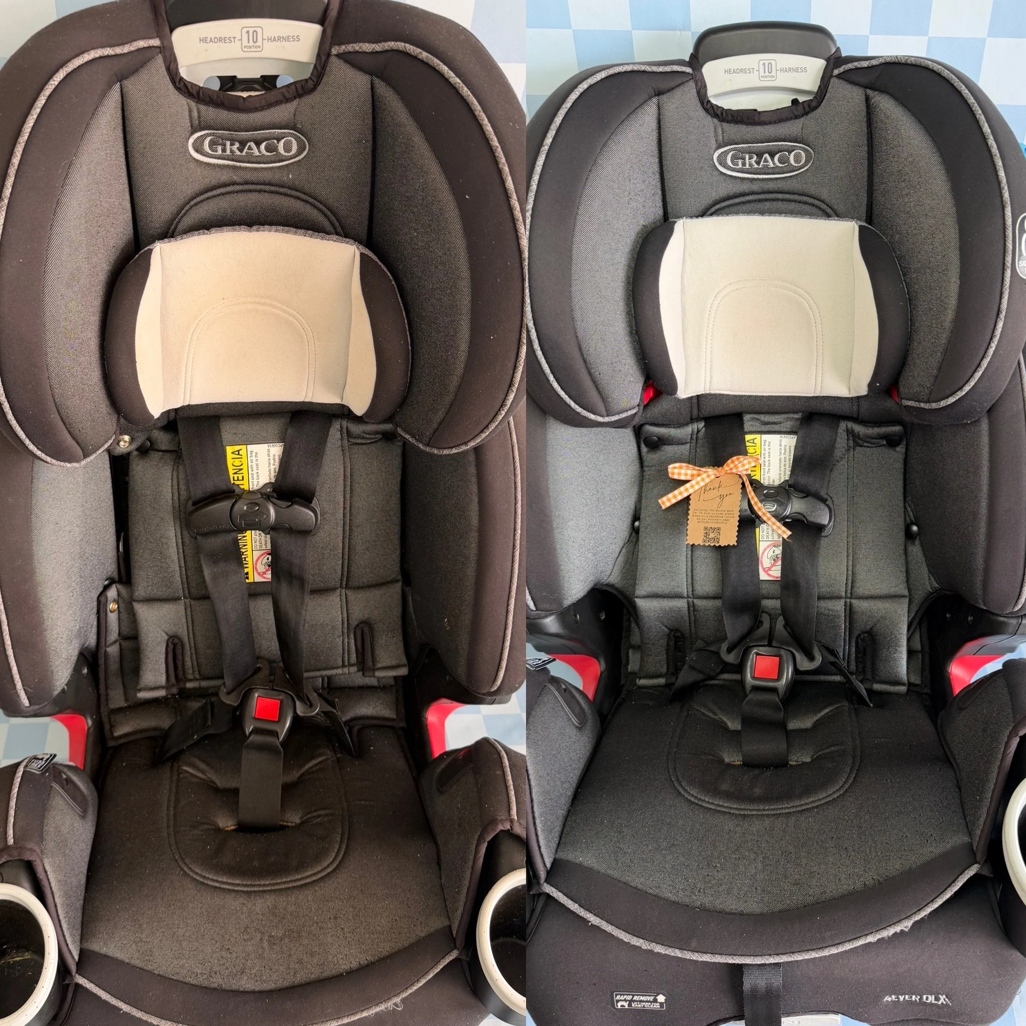 Side-by-side comparison of two black and gray Graco car seats with adjustable harnesses, headrests, and cushioned seats, featuring safety labels and different removable accessories.