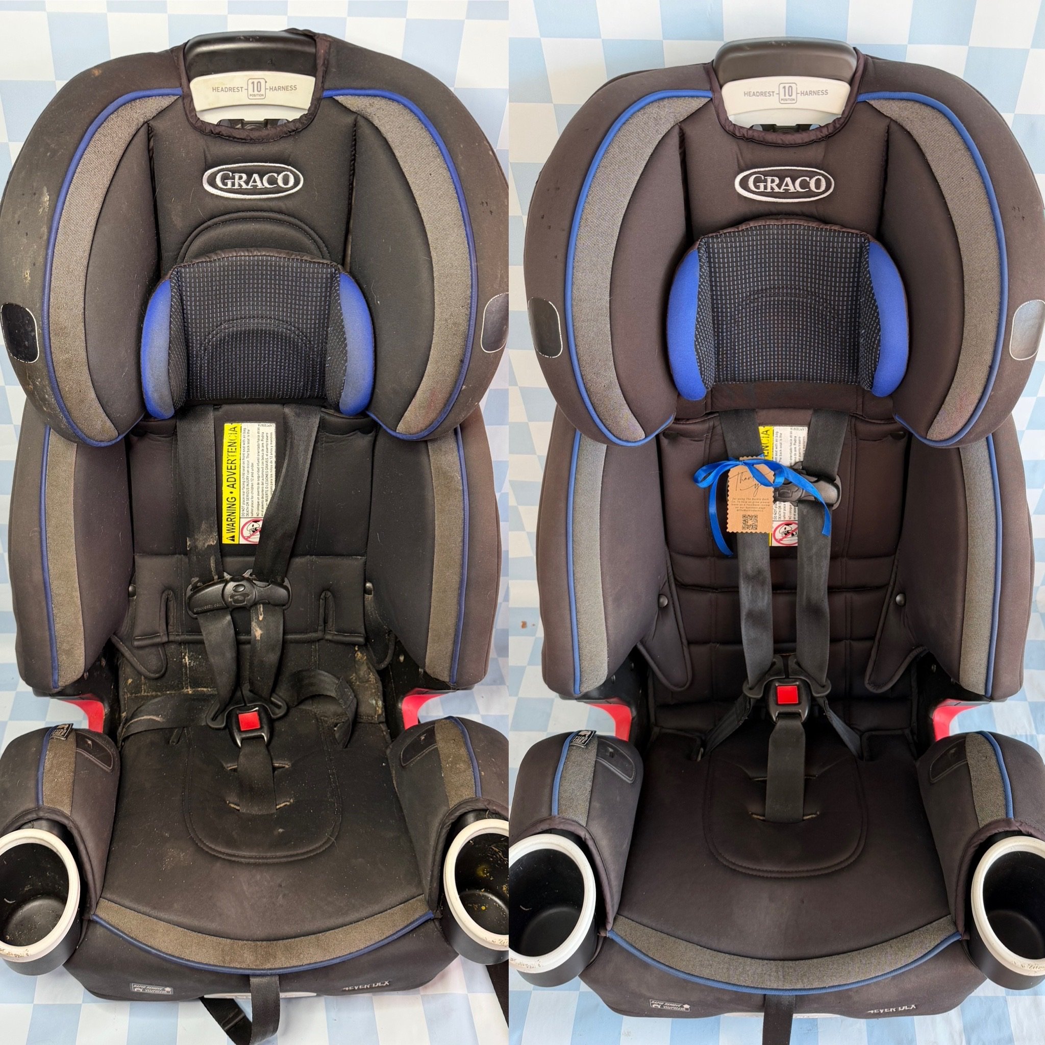 Comparison of two infant car seats, one in the left and one in the right, featuring black padding with blue and gray accents, a harness system, and a black plastic frame. The left seat appears more worn and dirty, while the right seat looks cleaner a