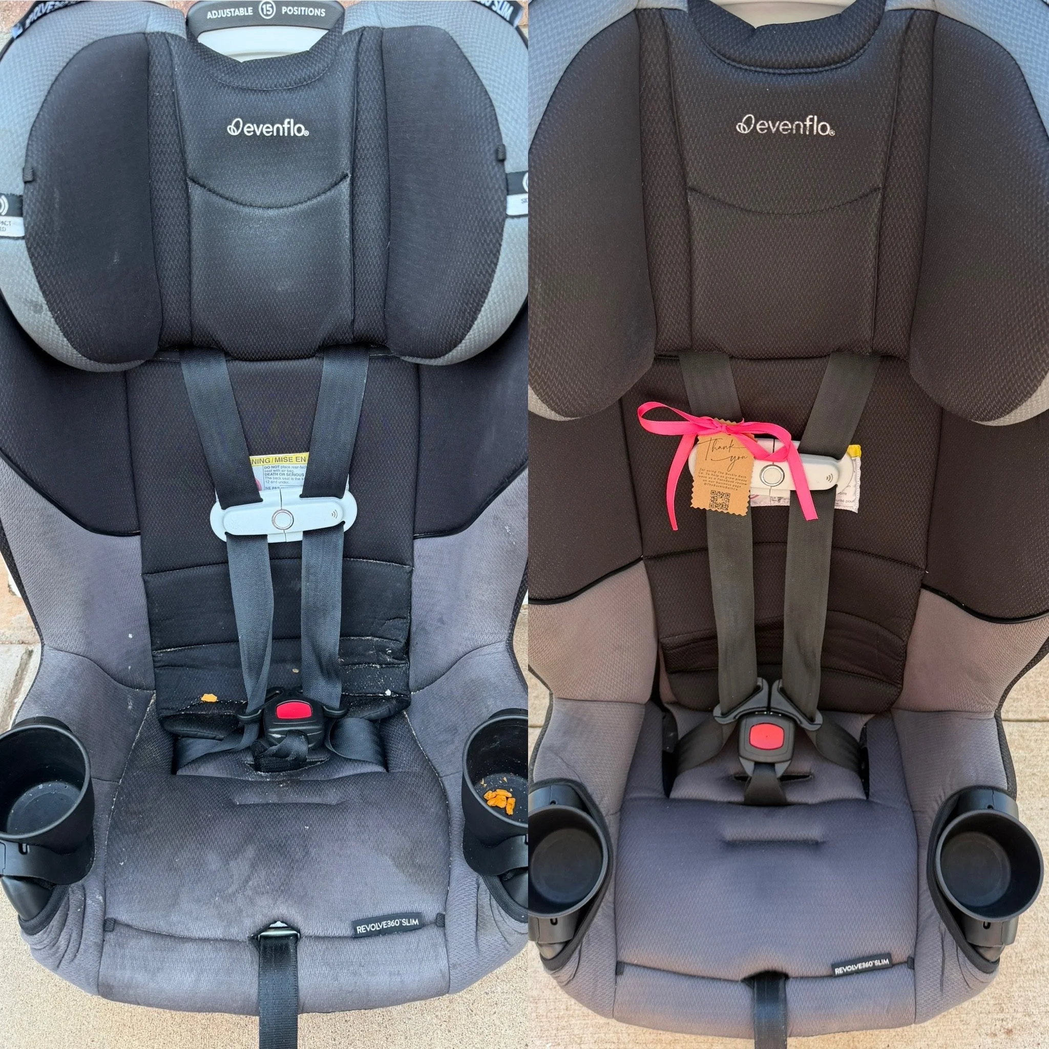 Comparison of two black infant car seats with gray accents, side by side. The seat on the left has a slightly lighter gray shade and a more textured fabric, while the seat on the right features a darker gray fabric and a pink ribbon attached to a car