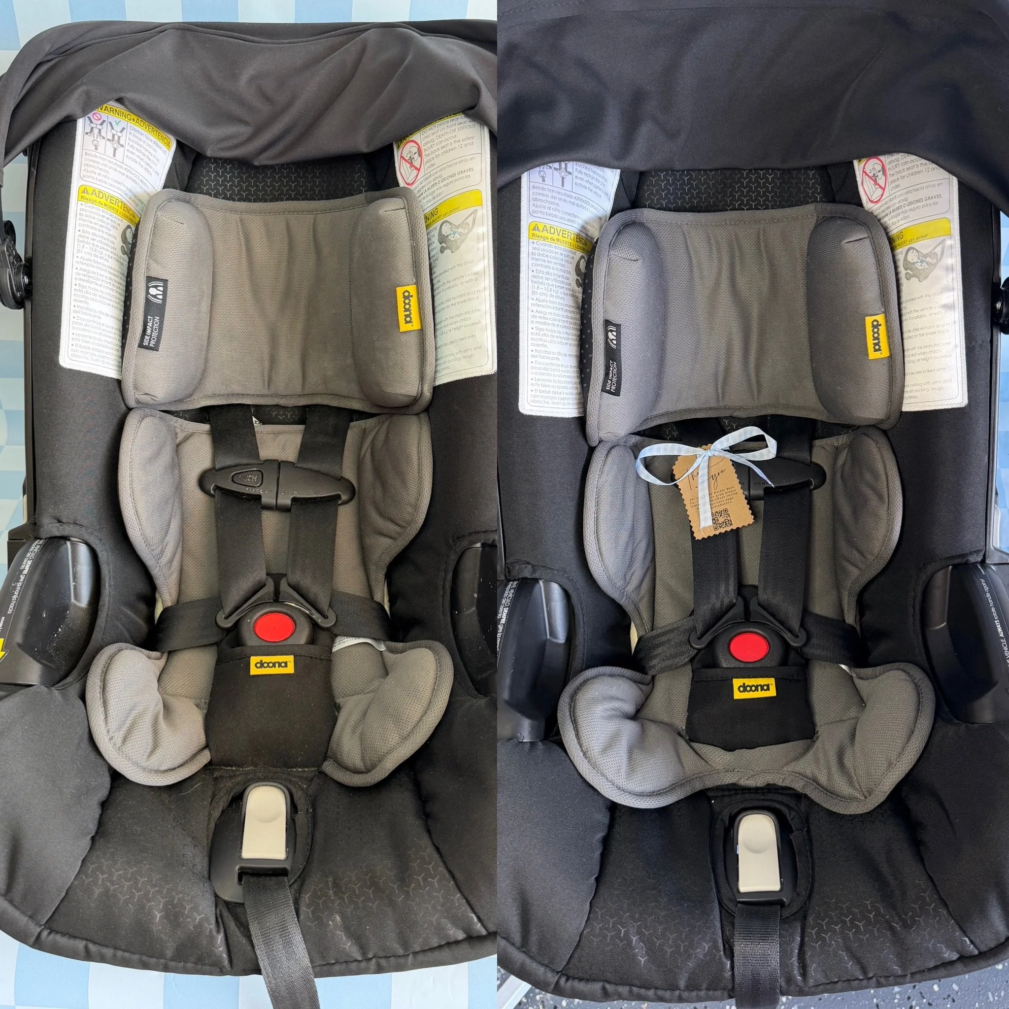 Before and after pictures of a car seat, showing cleaned condition on the right and dirty condition on the left.
