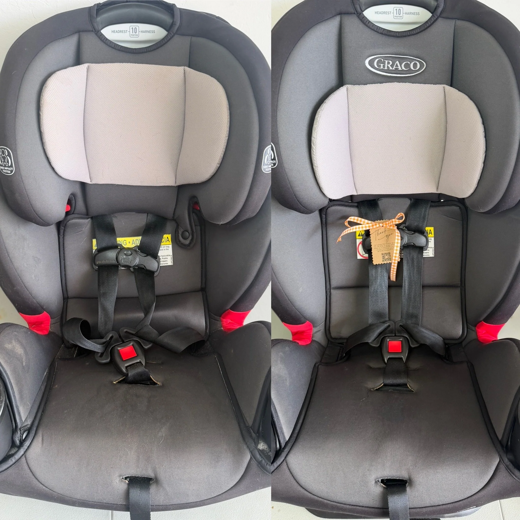 Comparison of two child car seats, showing front views with beige padding and black harness straps. The seat on the right has a visible brand logo 'Graco' on the upper part.