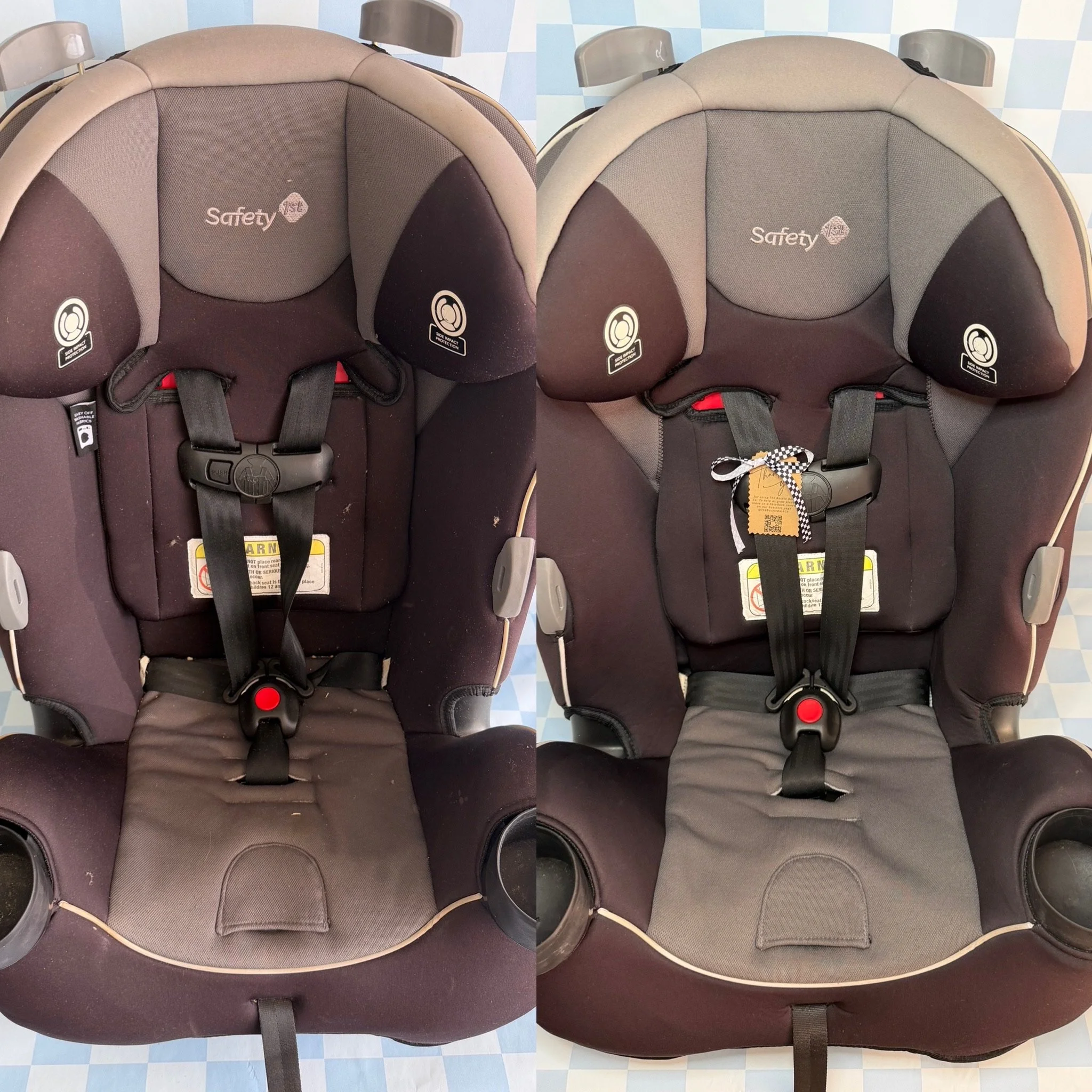 Comparison of two child car seats, showing the same seat from the front in different states.