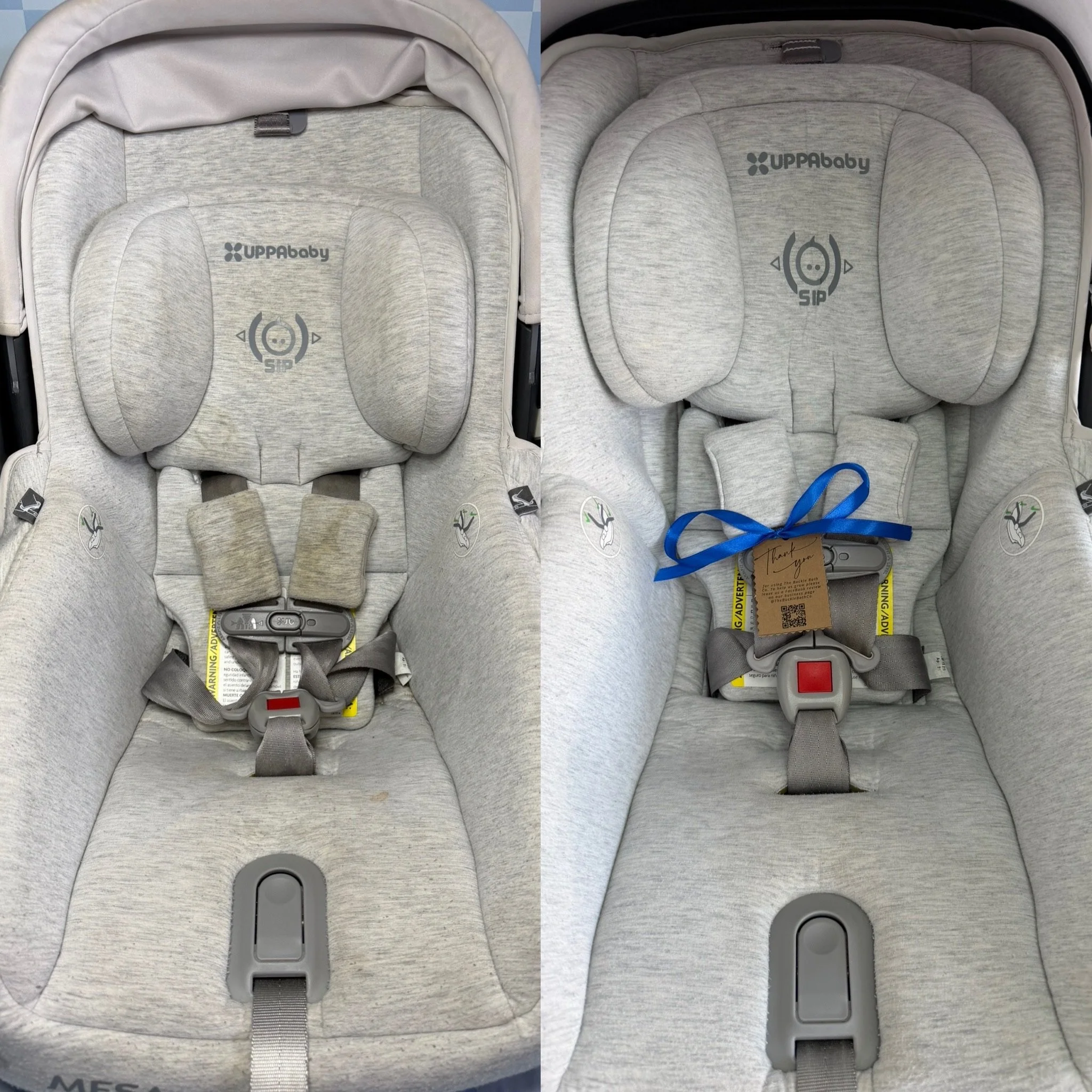Close-up images of a beige infant car seat with padded harness and safety labels, one showing the seat empty and the other showing the attached safety strap and label.
