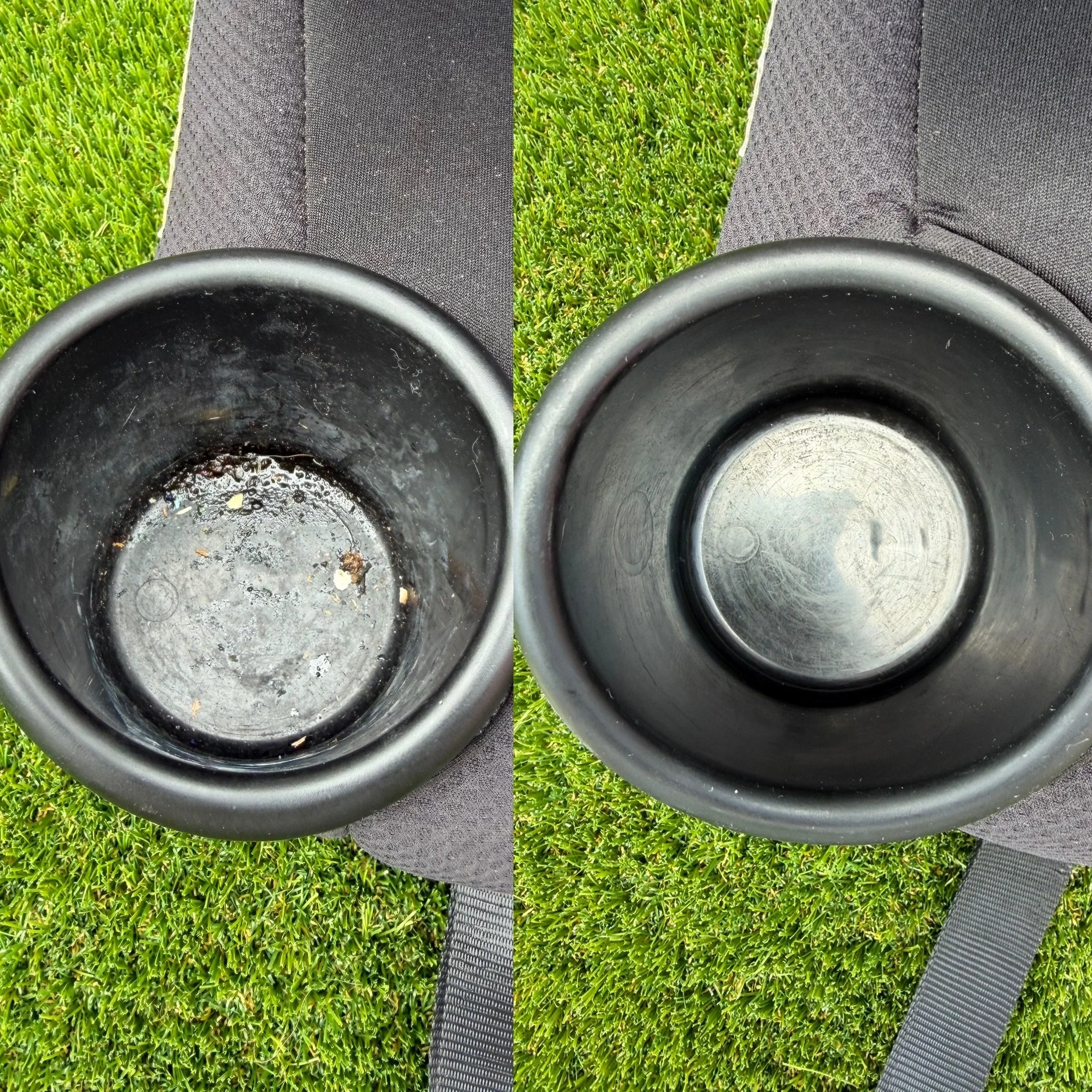 comparison of a dirty and clean metal pipe or container placed on green grass.
