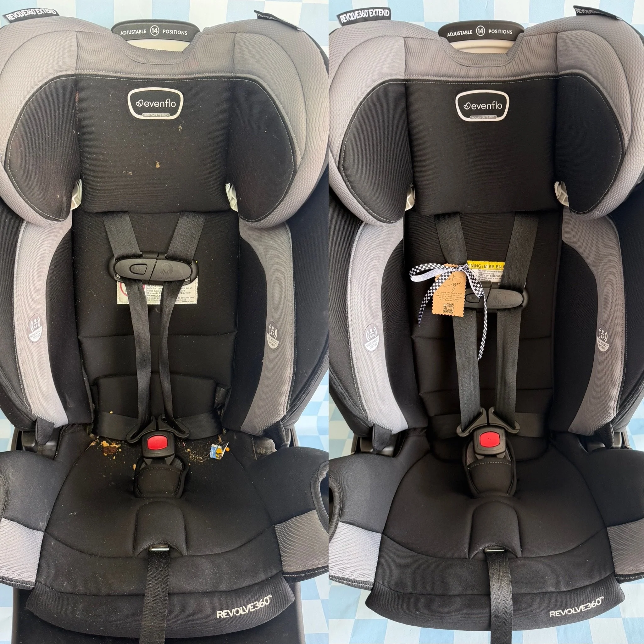 A comparison of two car seats, the left seat is dirty with stains and crumbs, while the right seat is clean and free of debris.