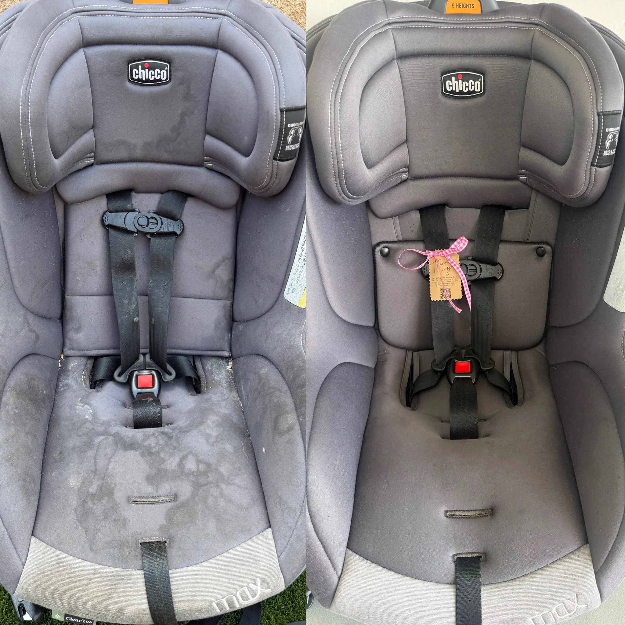Comparison of two gray Chicco infant car seats, showing the same seat before and after cleaning, with noticeable dirt and stains removed in the after image.