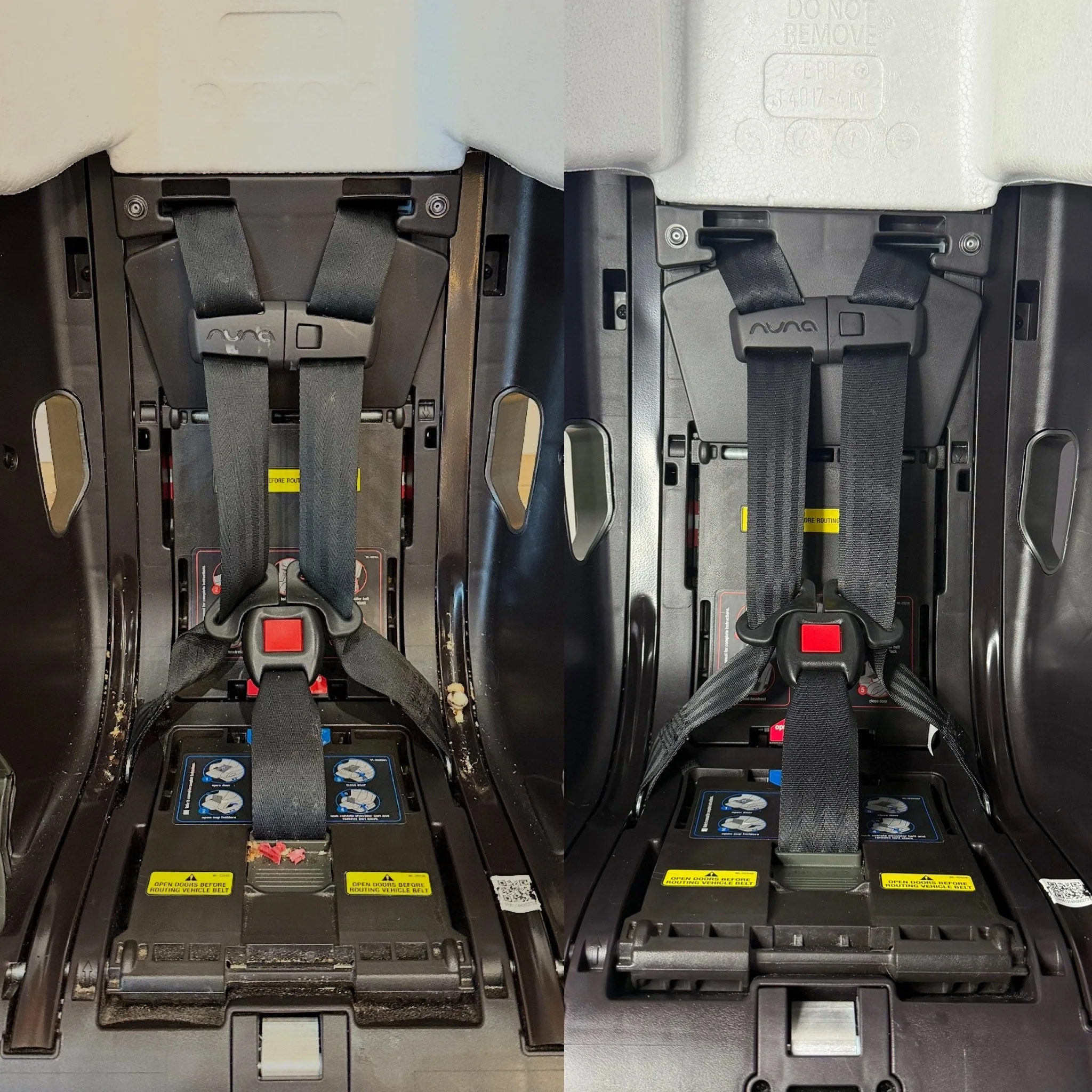 Close-up of electronic seat belt buckle assemblies, showing differences in wire routing and internal components on two identical seat belt systems.