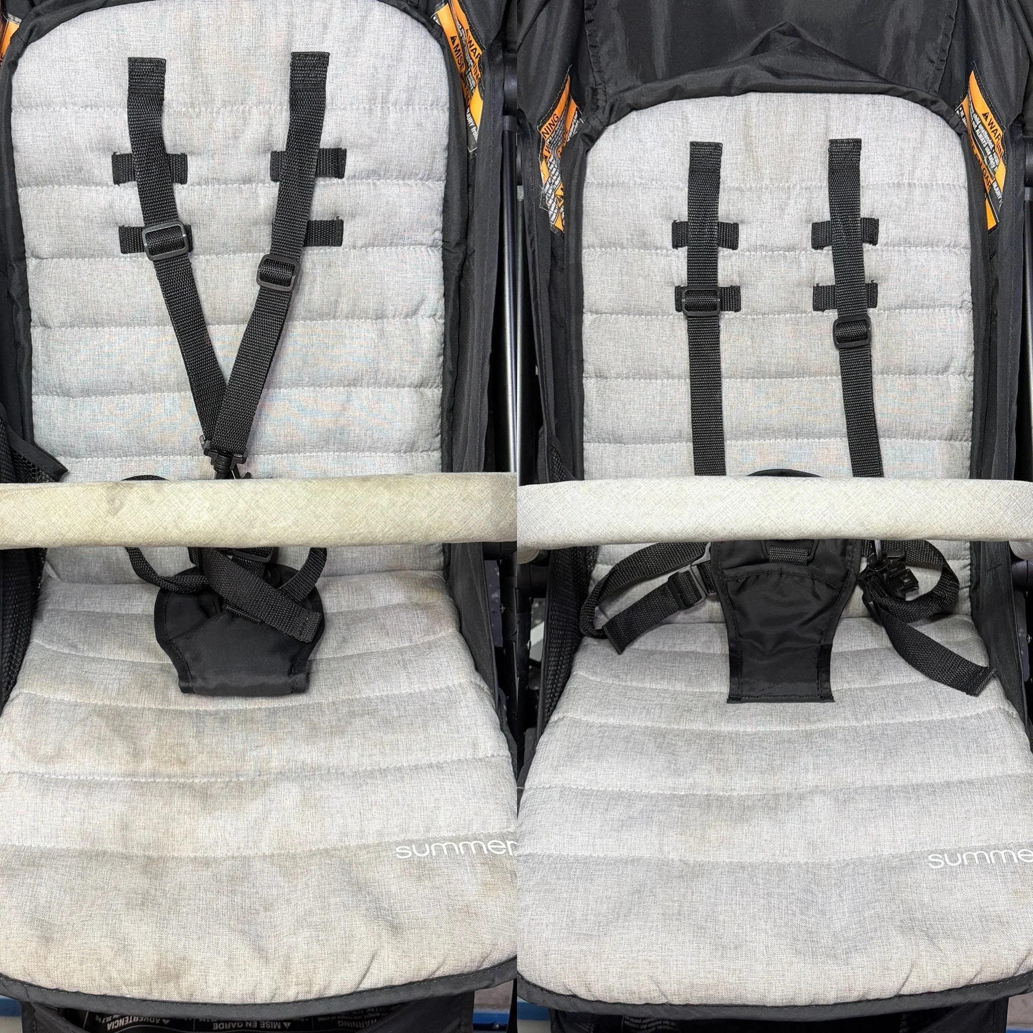 Close-up of two child car seats with padded beige fabric and black harness straps, situated side by side in a vehicle.