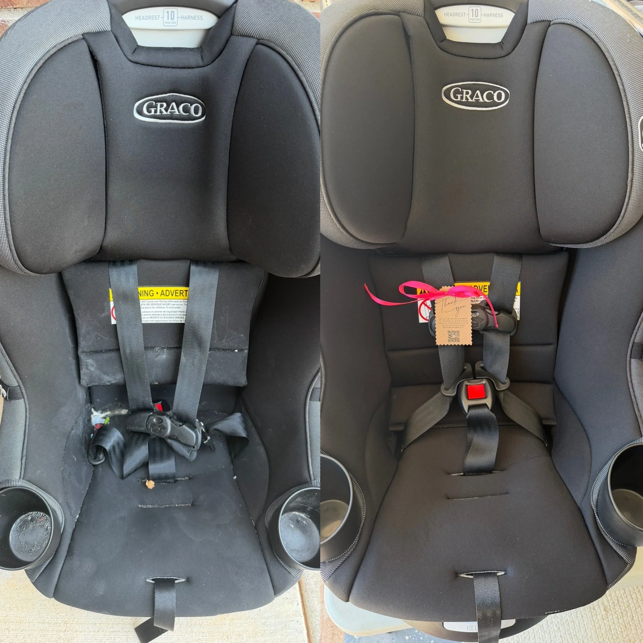 Side-by-side comparison of a black Graco car seat with the cover, showing the front and the back of the seat.