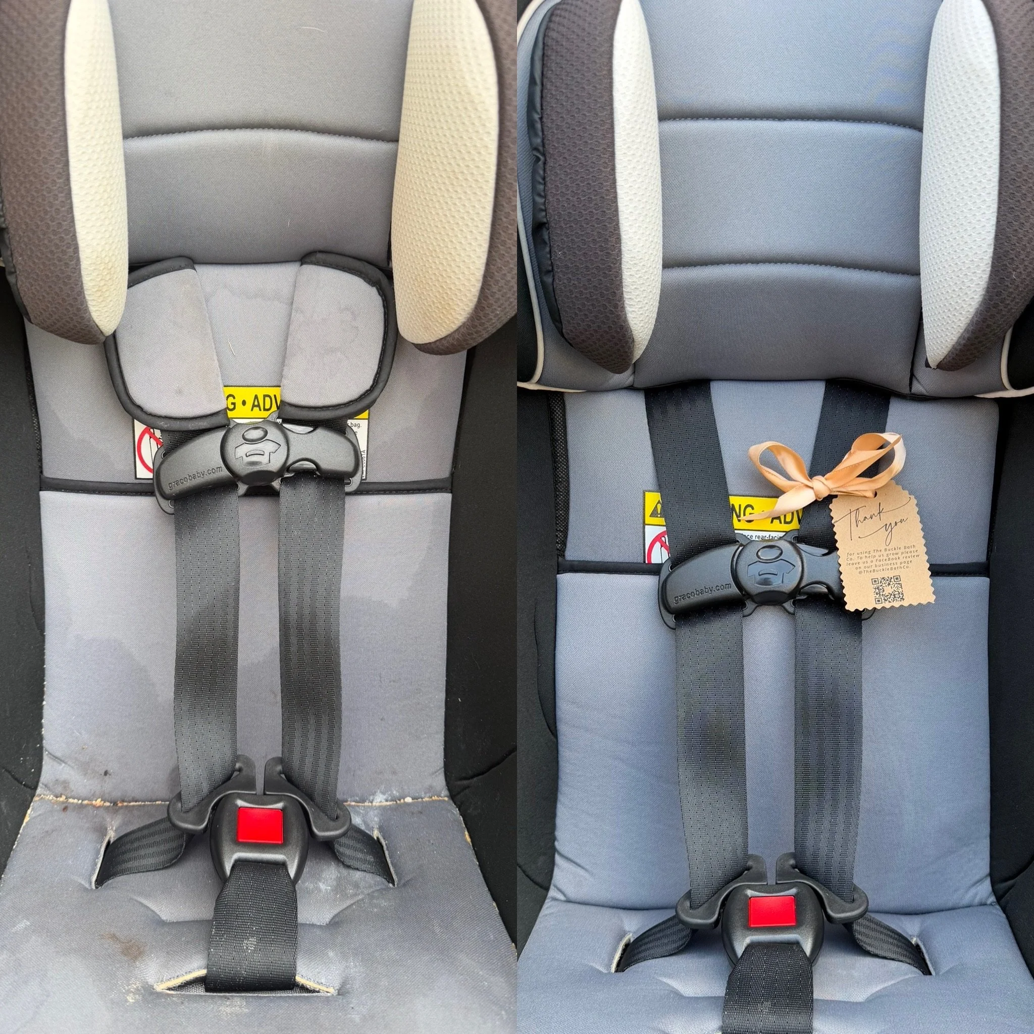 Two adjacent gray and light beige car seats with black safety belts, a child car seat with a red release button, and a beige ribbon tied to the seatbelt, with signs and tags attached.