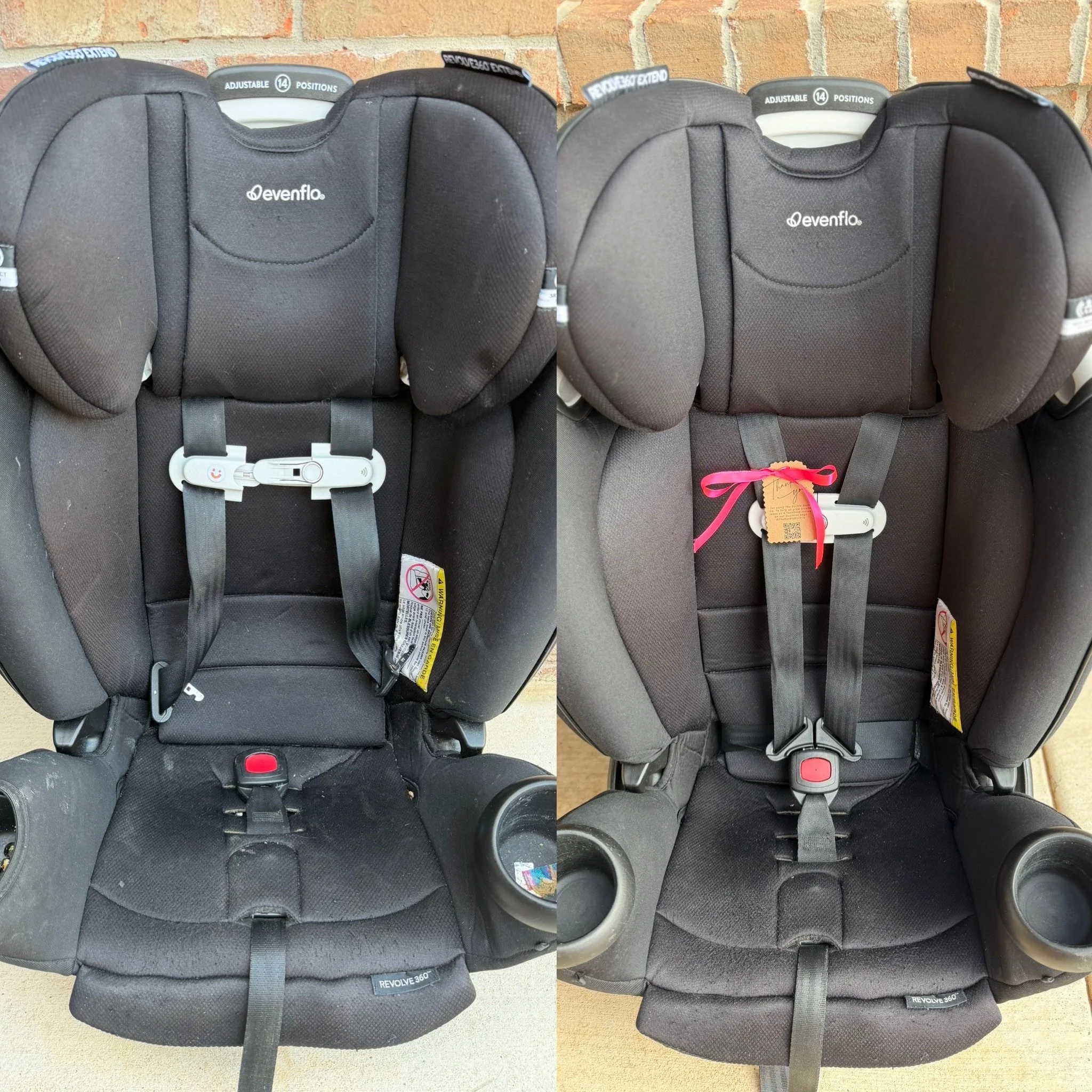 Comparison of two black infant car seats side by side, with the left seat showing dirt and debris, and the right seat appearing clean and well-maintained.