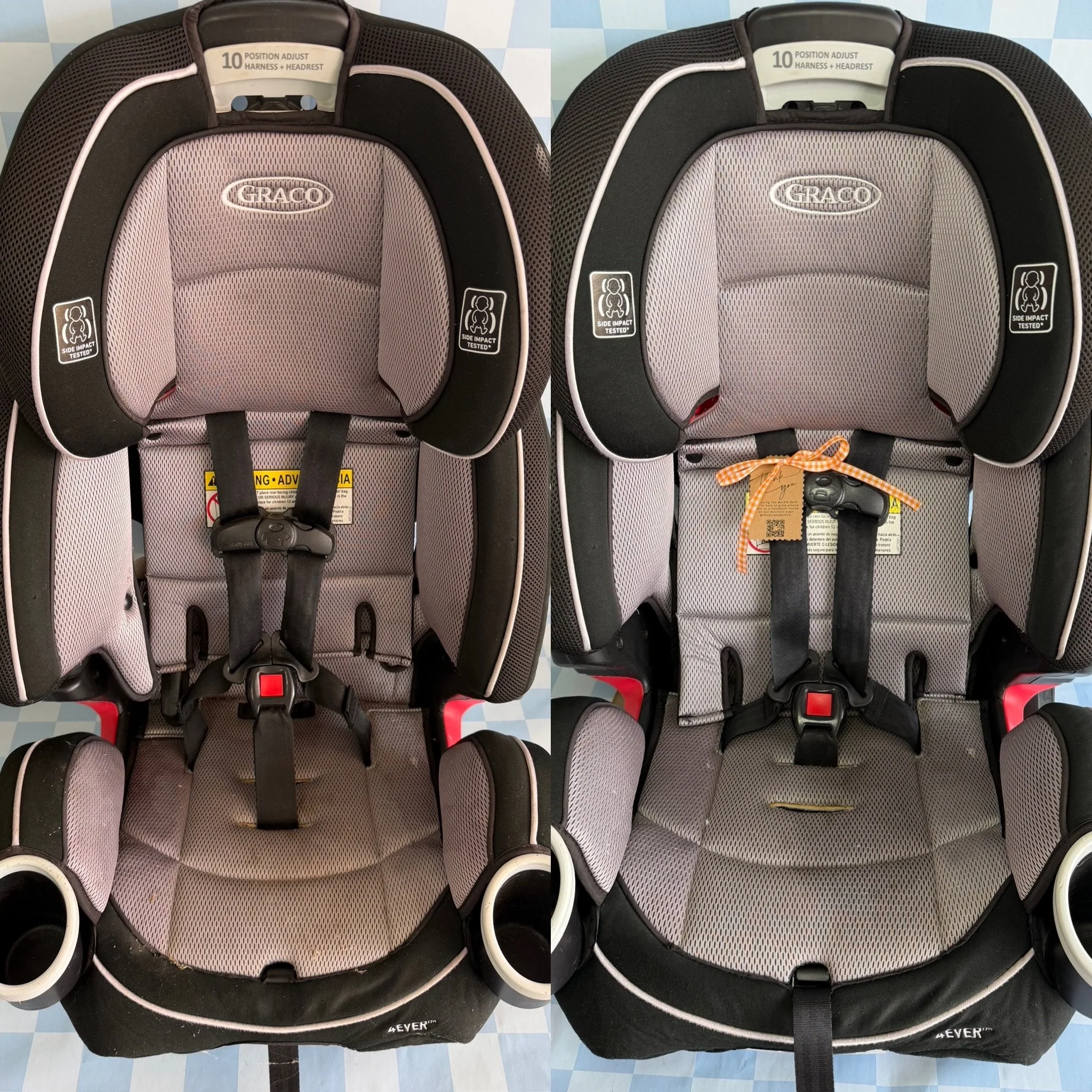 A baby car seat with a black and gray design, labeled 'GRACO,' photographed from the front, showing the adjustable harness and seating area.