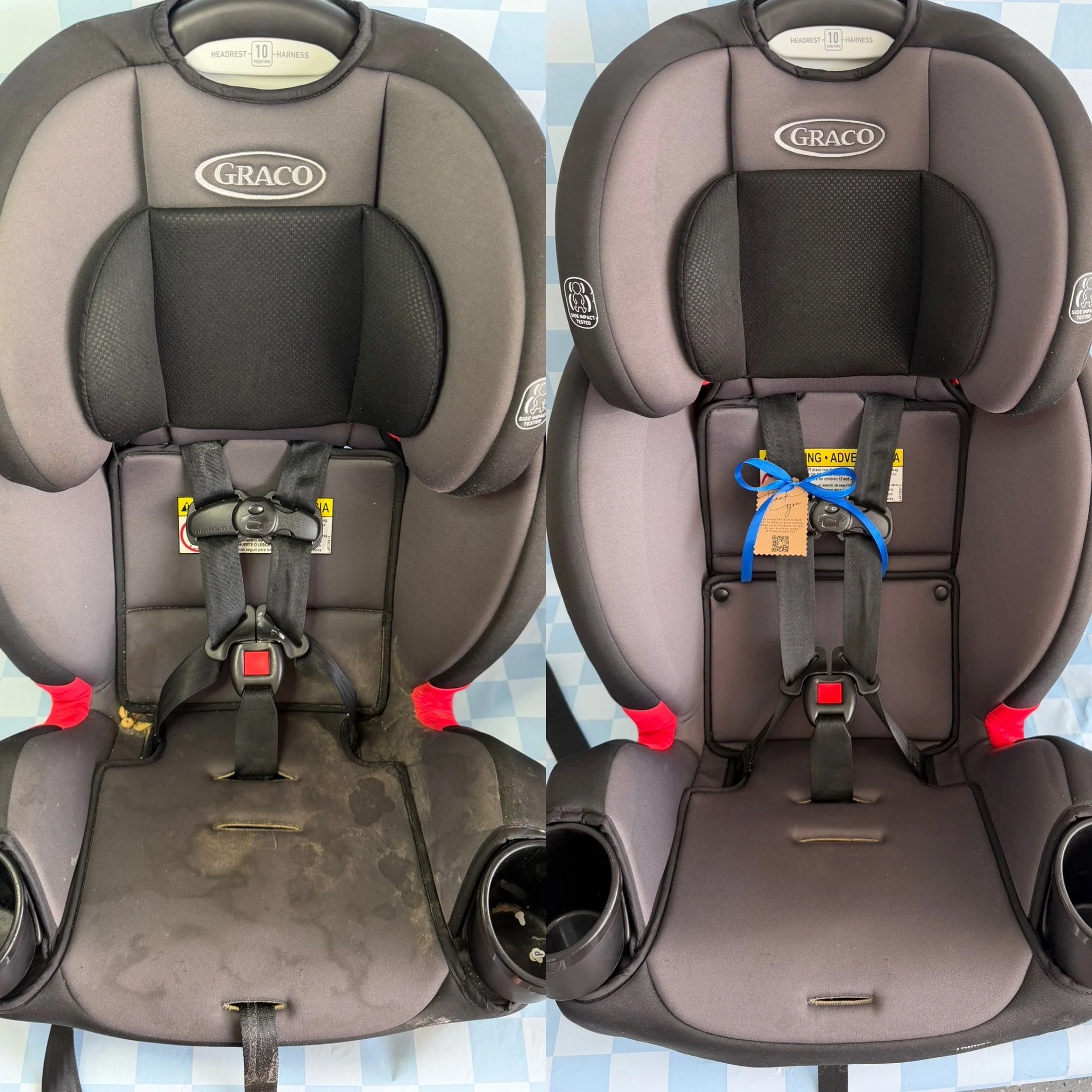 Two child car seats side by side on a checkered blue and white surface, with black and gray fabric, head support, and safety harnesses.