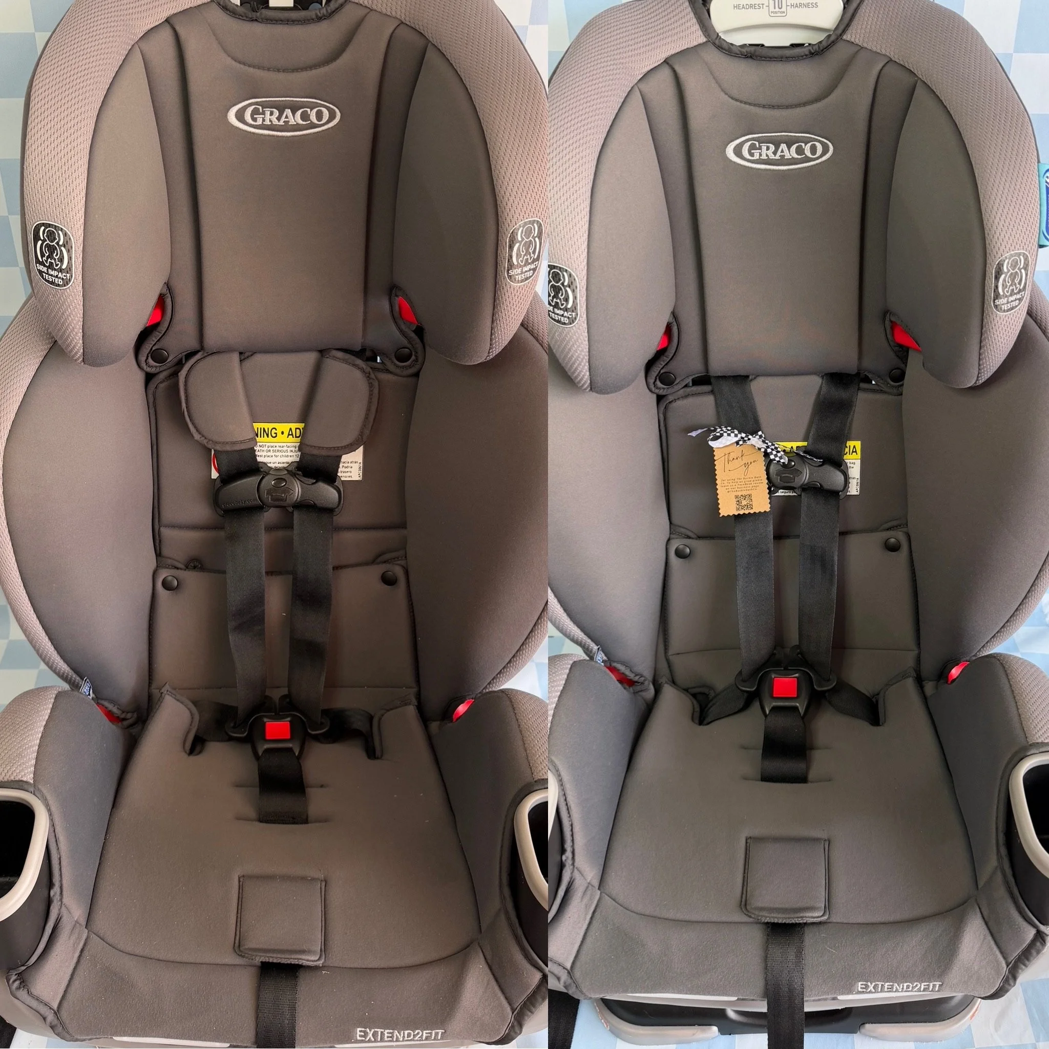 Comparison of two car seats for children, both are gray with black straps and red release buttons. The left seat has a yellow warning label and a soft padded interior, while the right seat has a tag with a welcome message and a checkered ribbon. Both