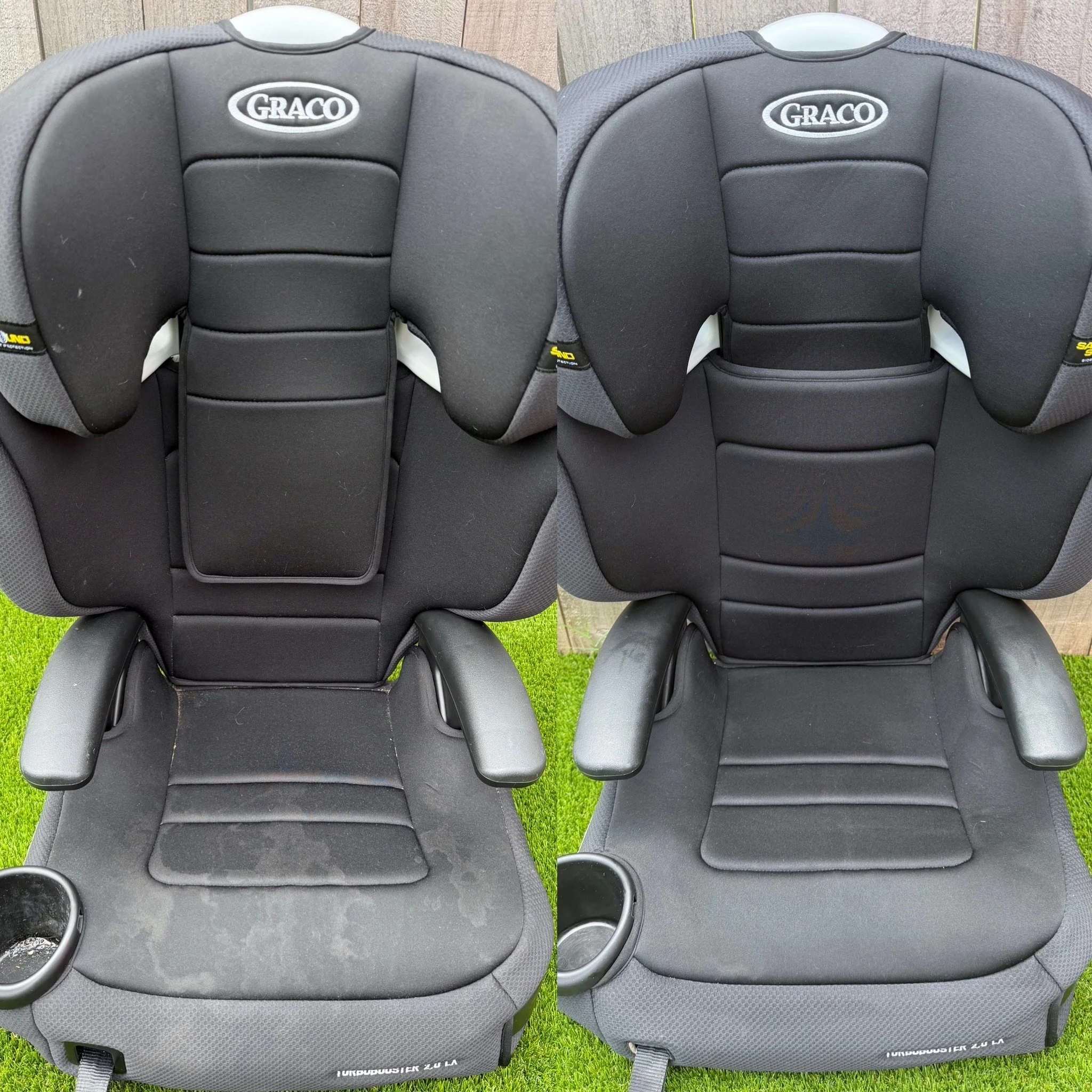 A black baby car seat outdoors on green grass, with gray fabric on the sides, and the brand name Graco embroidered on the headrest area.
