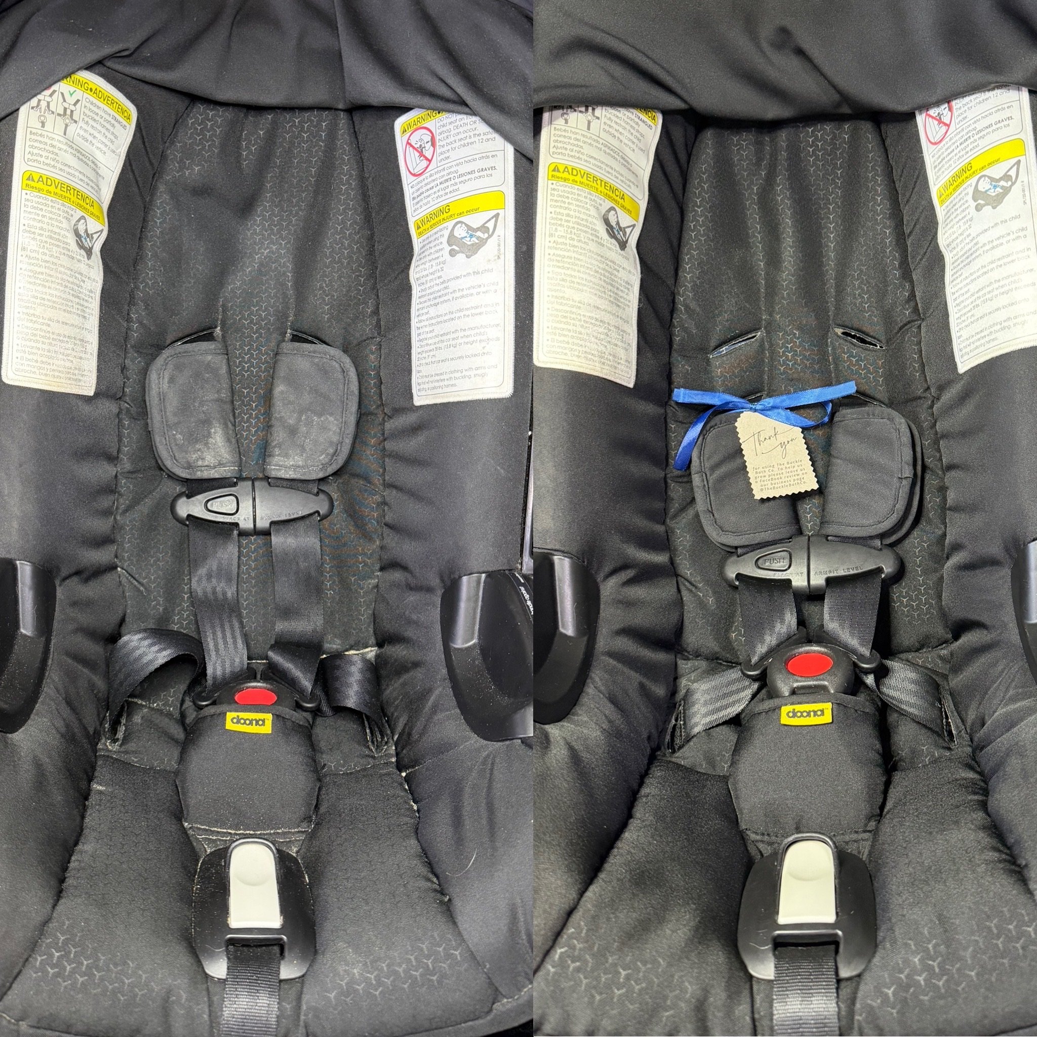 Close-up of a black and gray car seat with safety labels and straps.