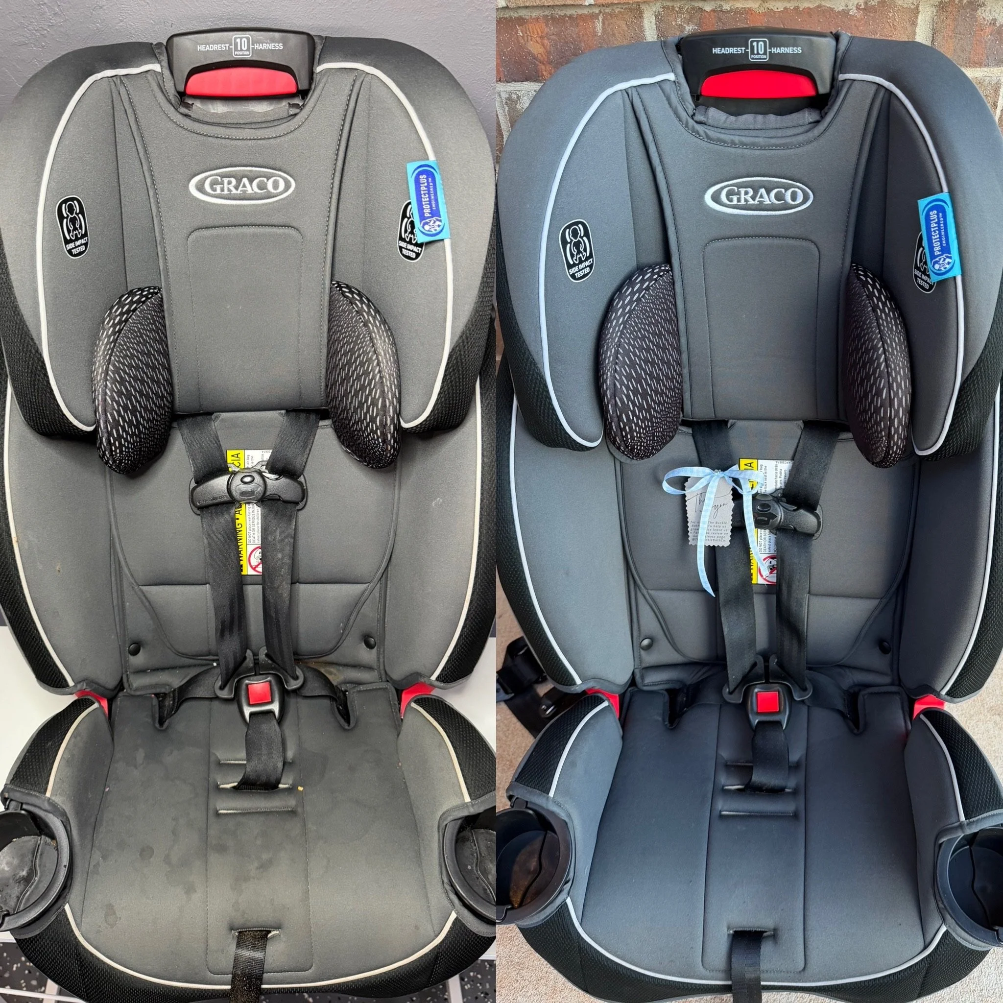 Two side-by-side images of a gray and black child car seat. The seats are similar but differ slightly in design and background. Both feature the brand 'Graco' with labels indicating impact testing and side impact test approval, a five-point harness s