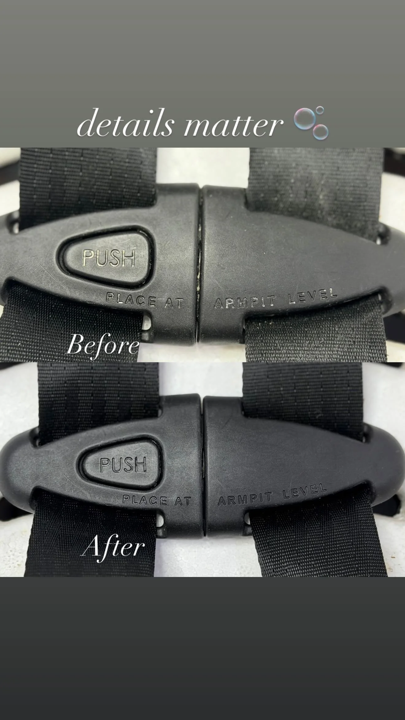 Comparison of a backpack strap buckle before and after cleaning, showing a cleaner and darker plastic surface.