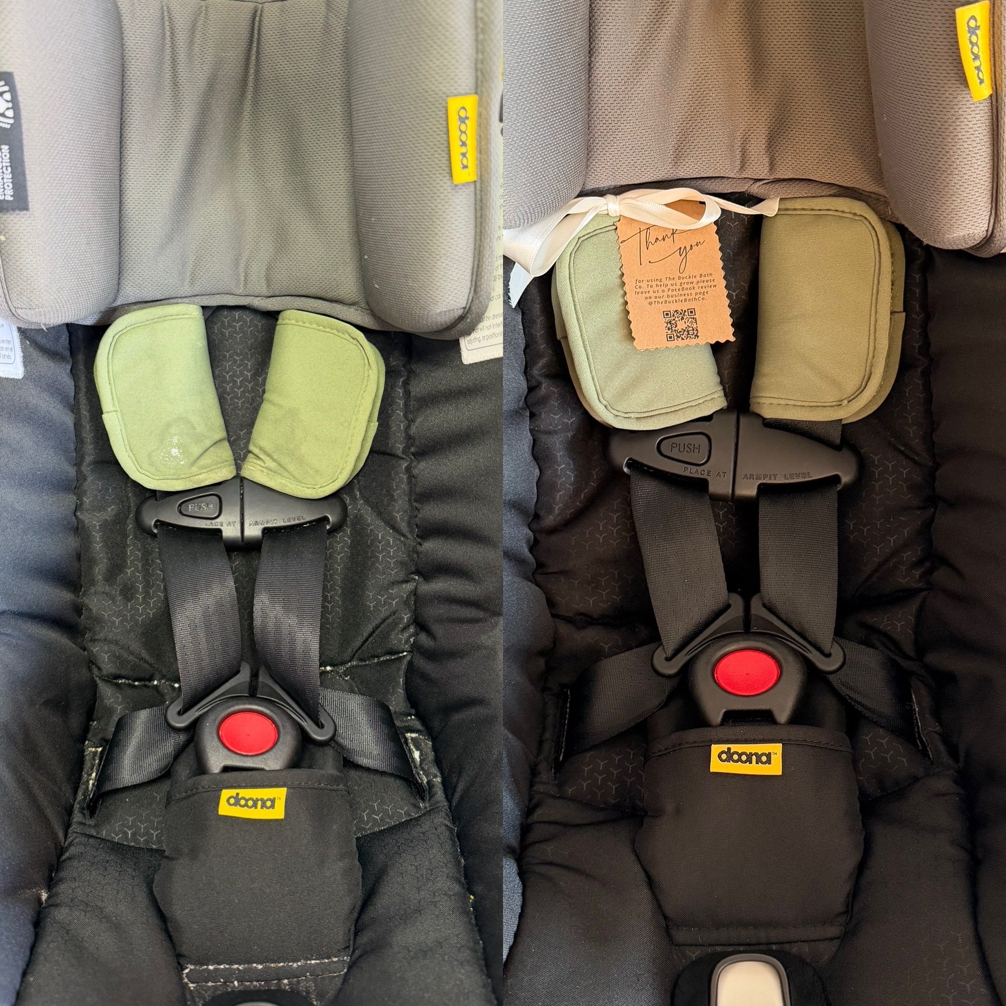 Close-up of a car seat's safety harness system with multiple black straps, red push button, and yellow tags labeled "doona."
