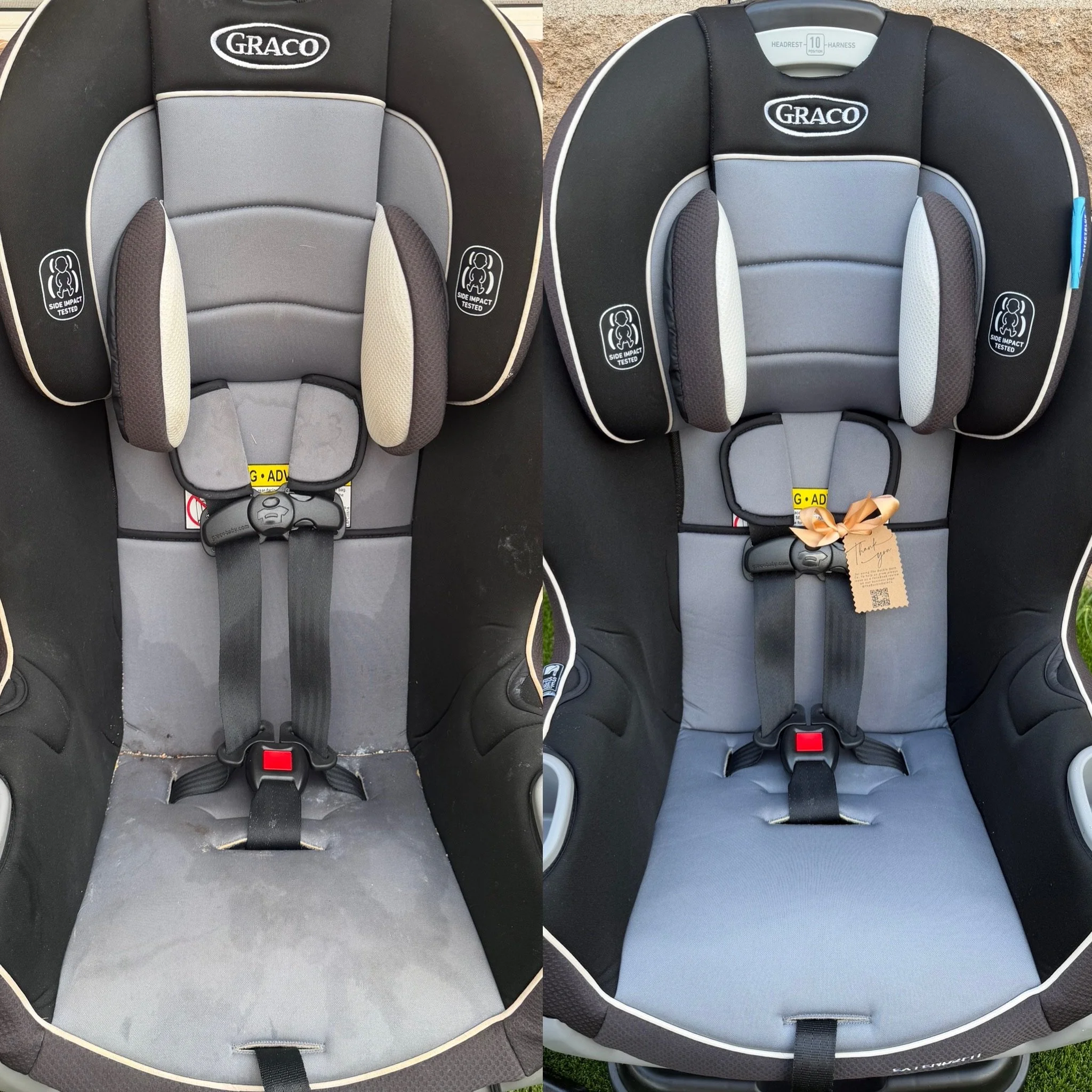 Comparison of two gray and black infant car seats with adjustable straps, side impact tested labels, and detachable head support, placed outdoors on grass and pavement.