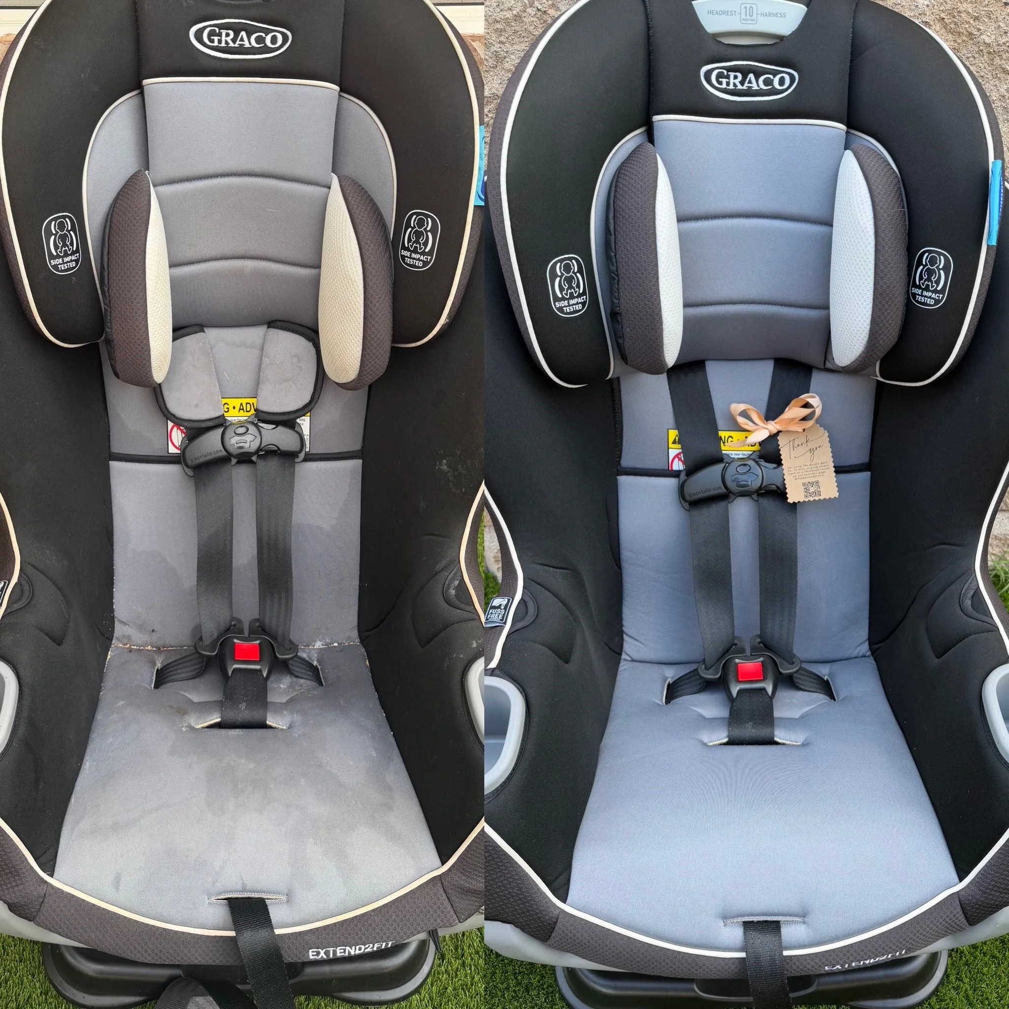 Side-by-side comparison of two identical child car seats. The left car seat has a black and gray color scheme, while the right car seat has a black and light blue color scheme. Both seats have the brand name 'Graco' on the headrest area and are posit