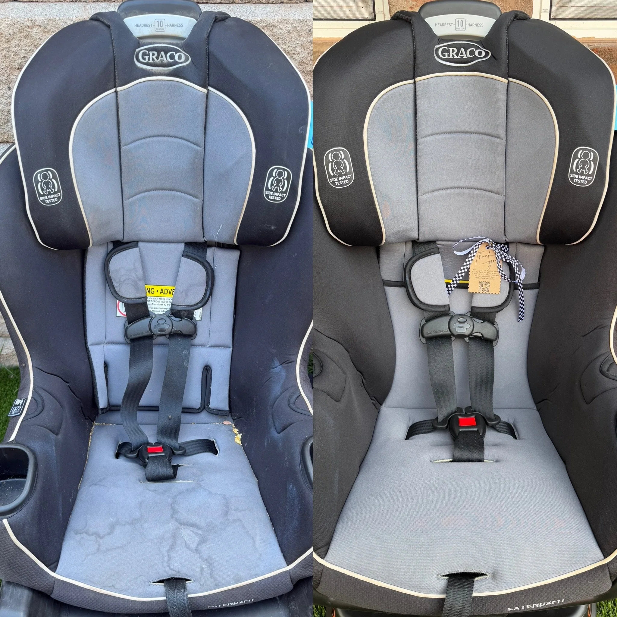 Comparison of two Graco car seats, one with a lighter gray color and the other darker gray, placed outdoors on different surfaces. Both seats are front-facing with headrest and harness, side impact tested labels visible.