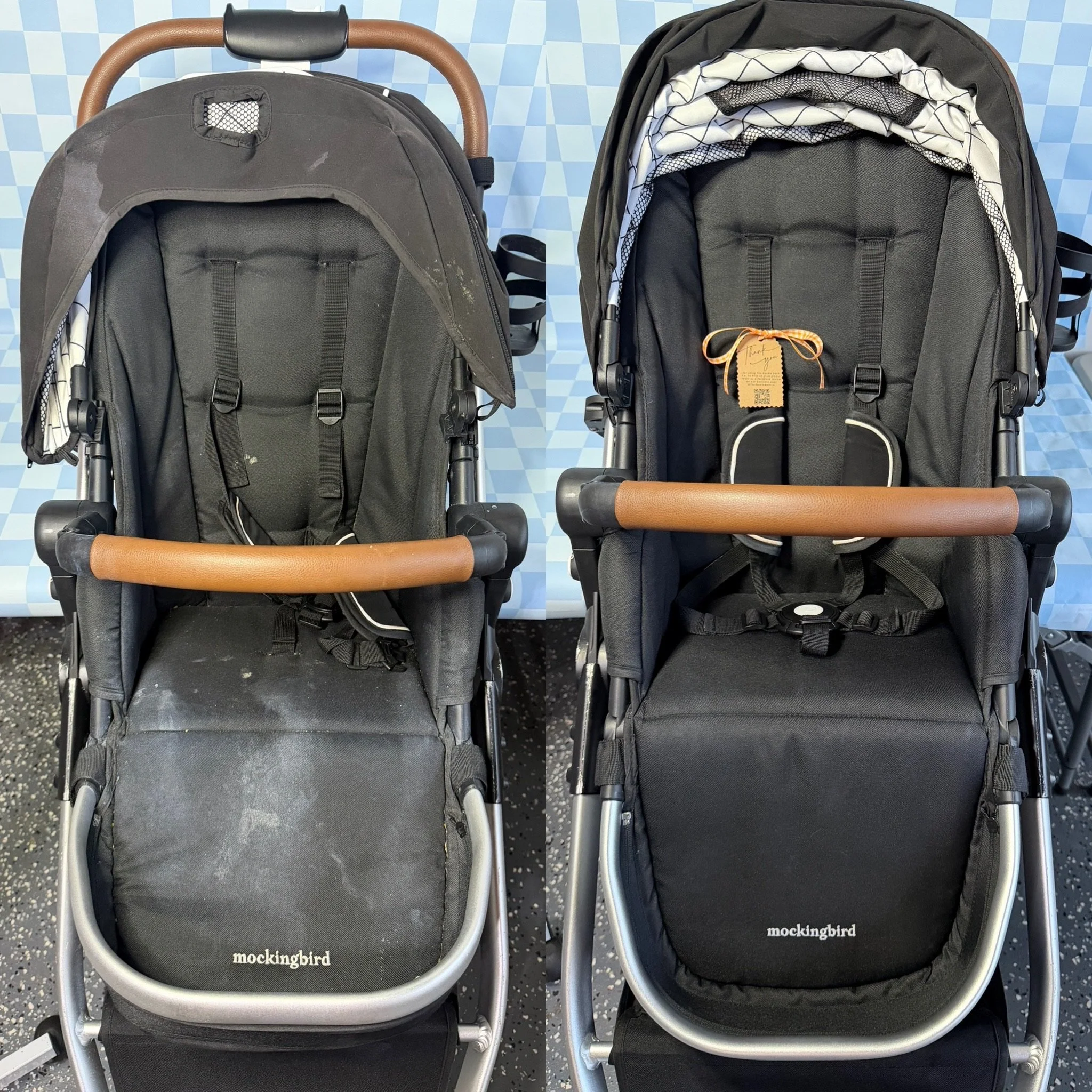 Two black strollers with tan handles parked side by side against a blue and white tiled background.