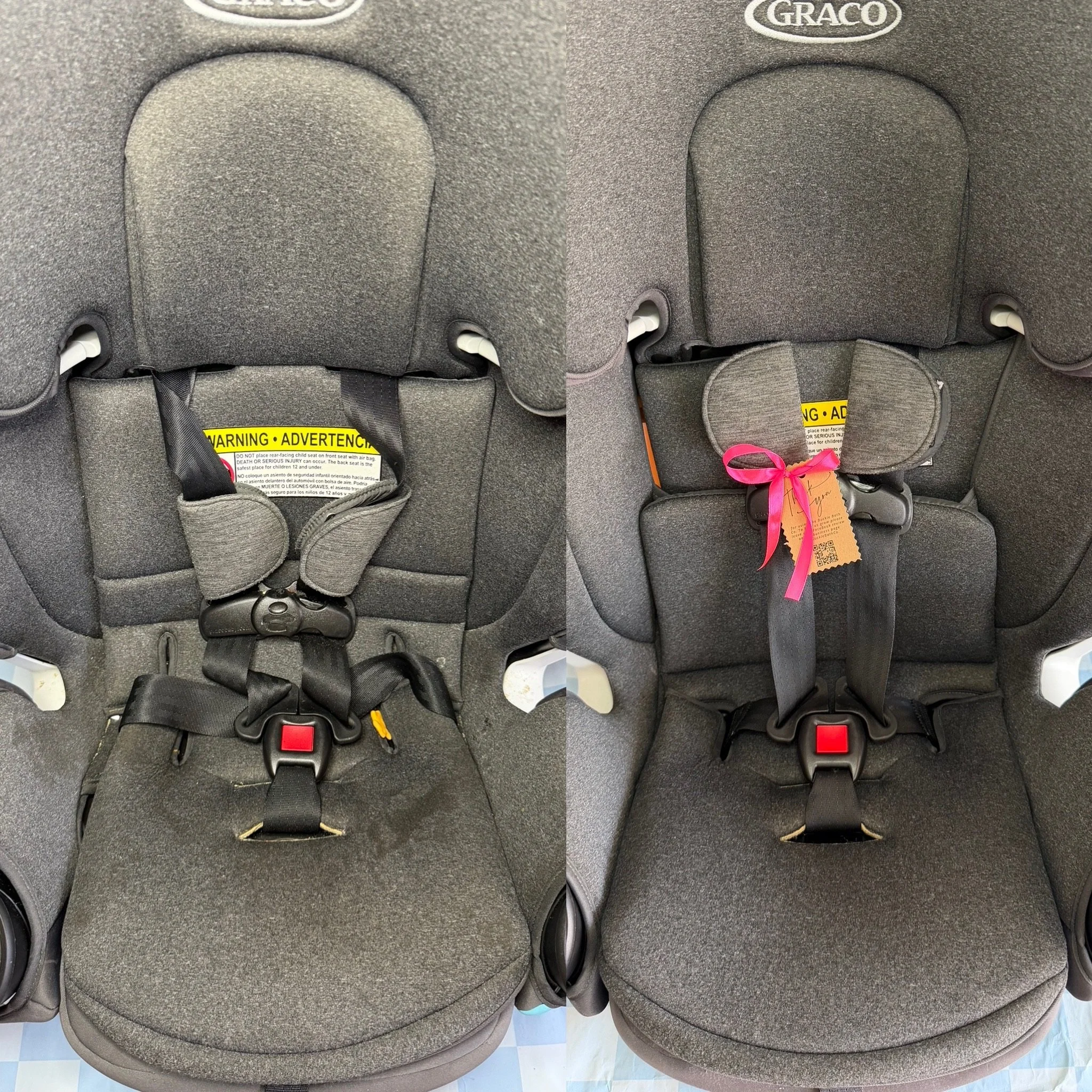 Comparison of two car seats showing the difference in foam padding, with the right seat having more cushioning.