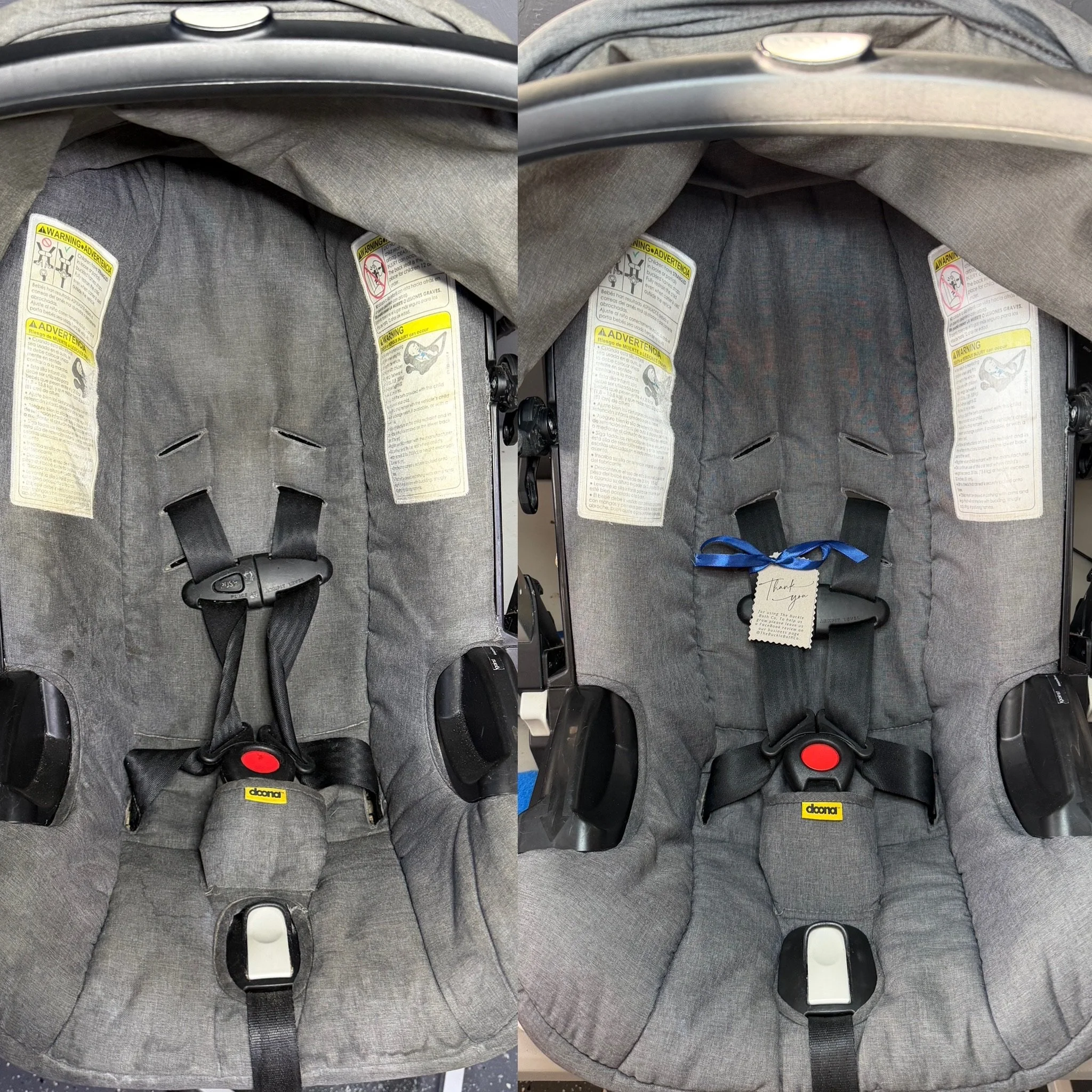 Comparison of two images showing a gray car seat with black straps and yellow warning labels, taken from a top-down perspective.