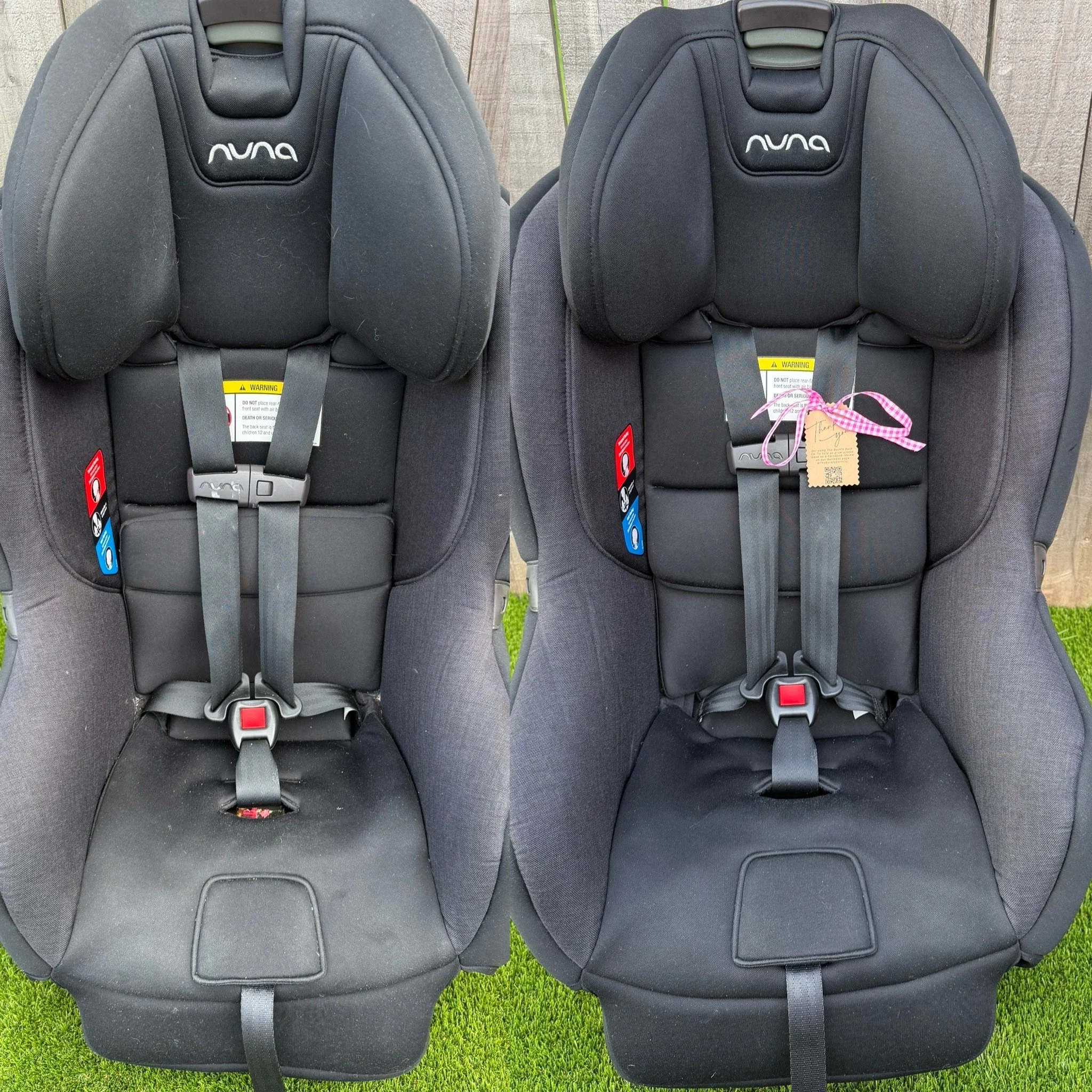 Two black treadmill seats with head supports and safety belts, positioned outdoors on a grassy area with a wooden fence in the background.