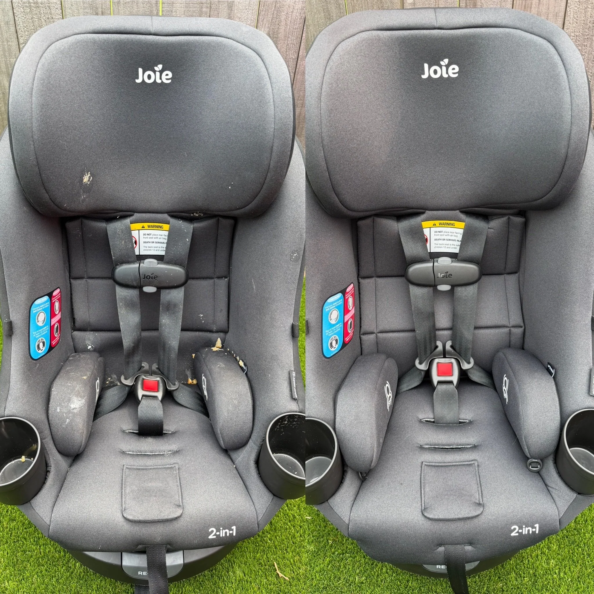Comparison of two gray Joie car seats labeled '2-in-1', placed on grass in front of a wooden fence.