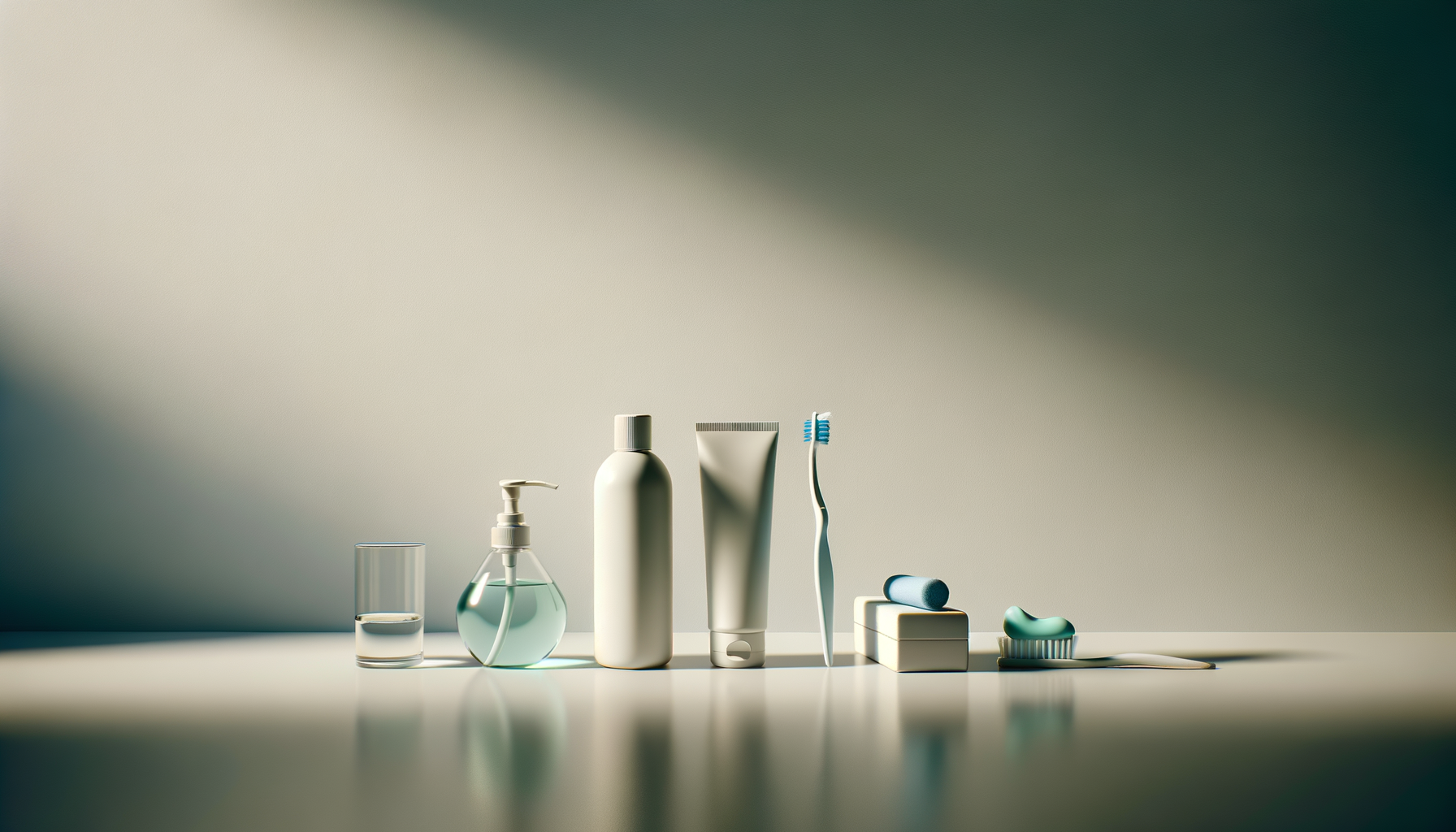 Arrangement of personal care products including a glass of water, hand sanitizer, white bottle, toothpaste tube, toothbrush, dental floss, and dental sponge on a clean surface with a plain background.