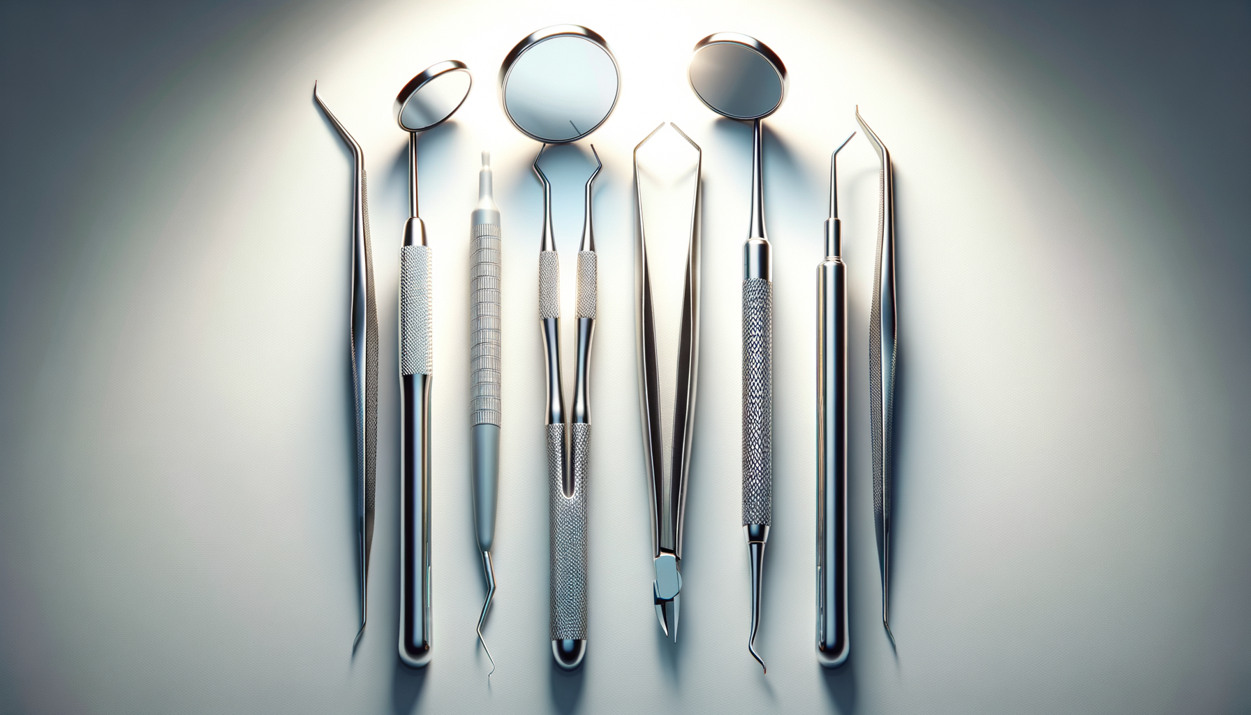 Eight stainless steel dental tools with textured handles and various shapes, laid out on a flat surface.