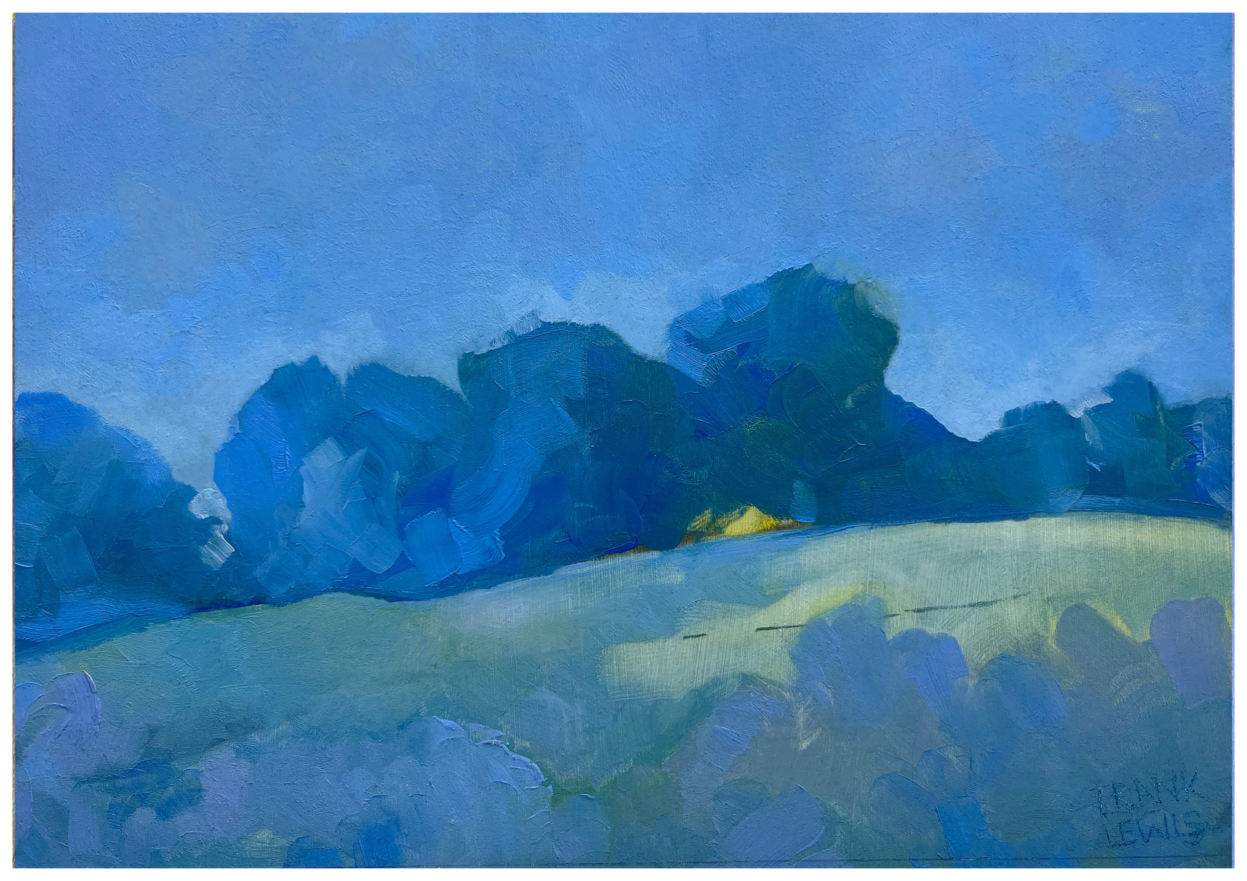 Original contempturorary oil painting by Franks Lewis feaing expressive yellow and blue brushstrokes, an abstract horizon, and an atmospheric landscape composition.