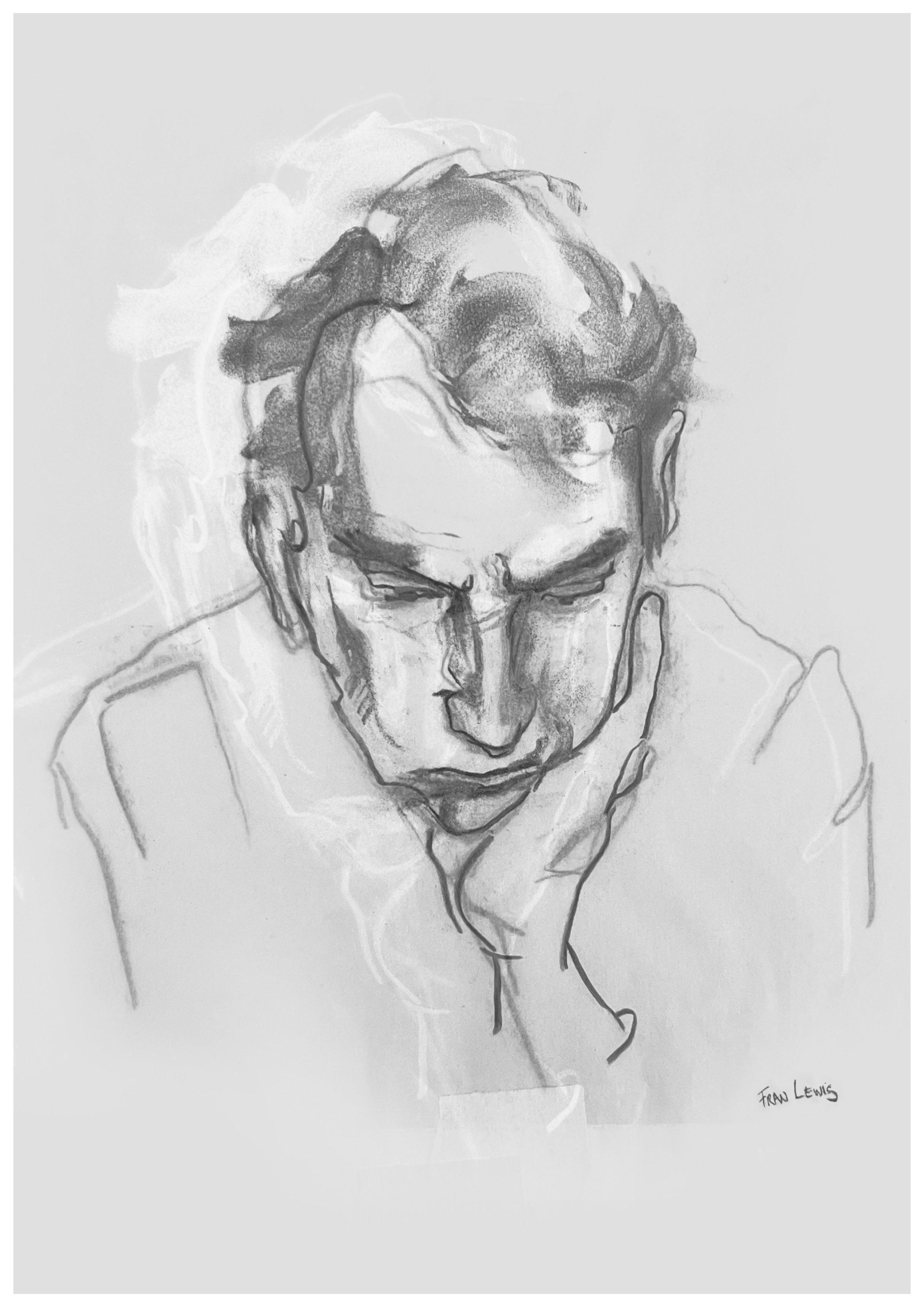 Original charcoal and graphite figure study by contemporary British artist Franks Lewis. An expressive drawing exploring portraiture, gesture, observation, and mark making.