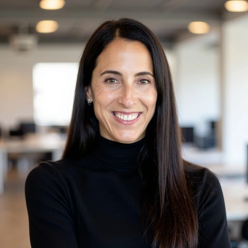 A woman with long dark hair smiling in an office setting.