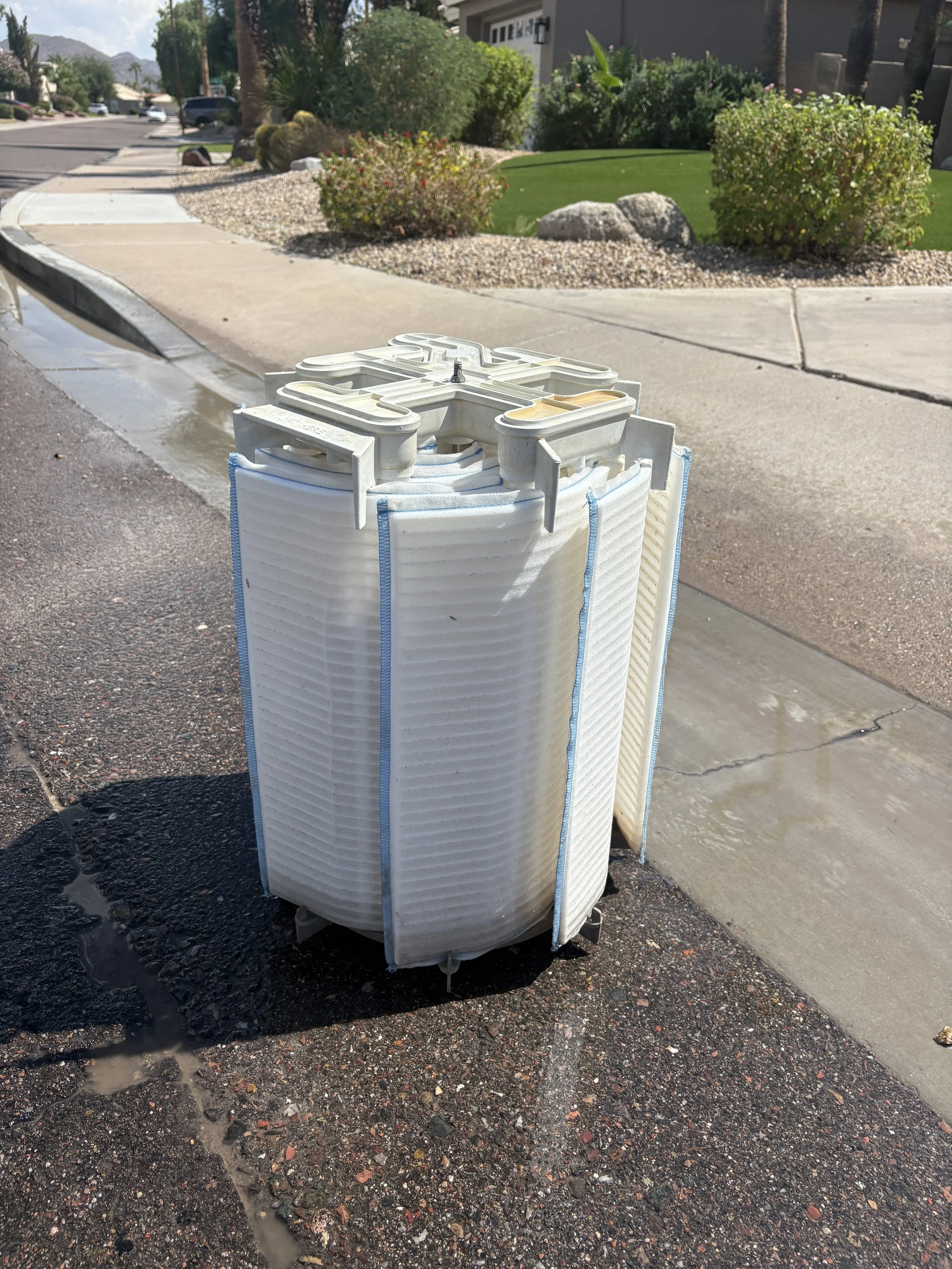 A leach field inspection chamber on a sidewalk with water flowing through it, surrounded by landscaped yard, rocks, bushes, and trees in a suburban neighborhood.
